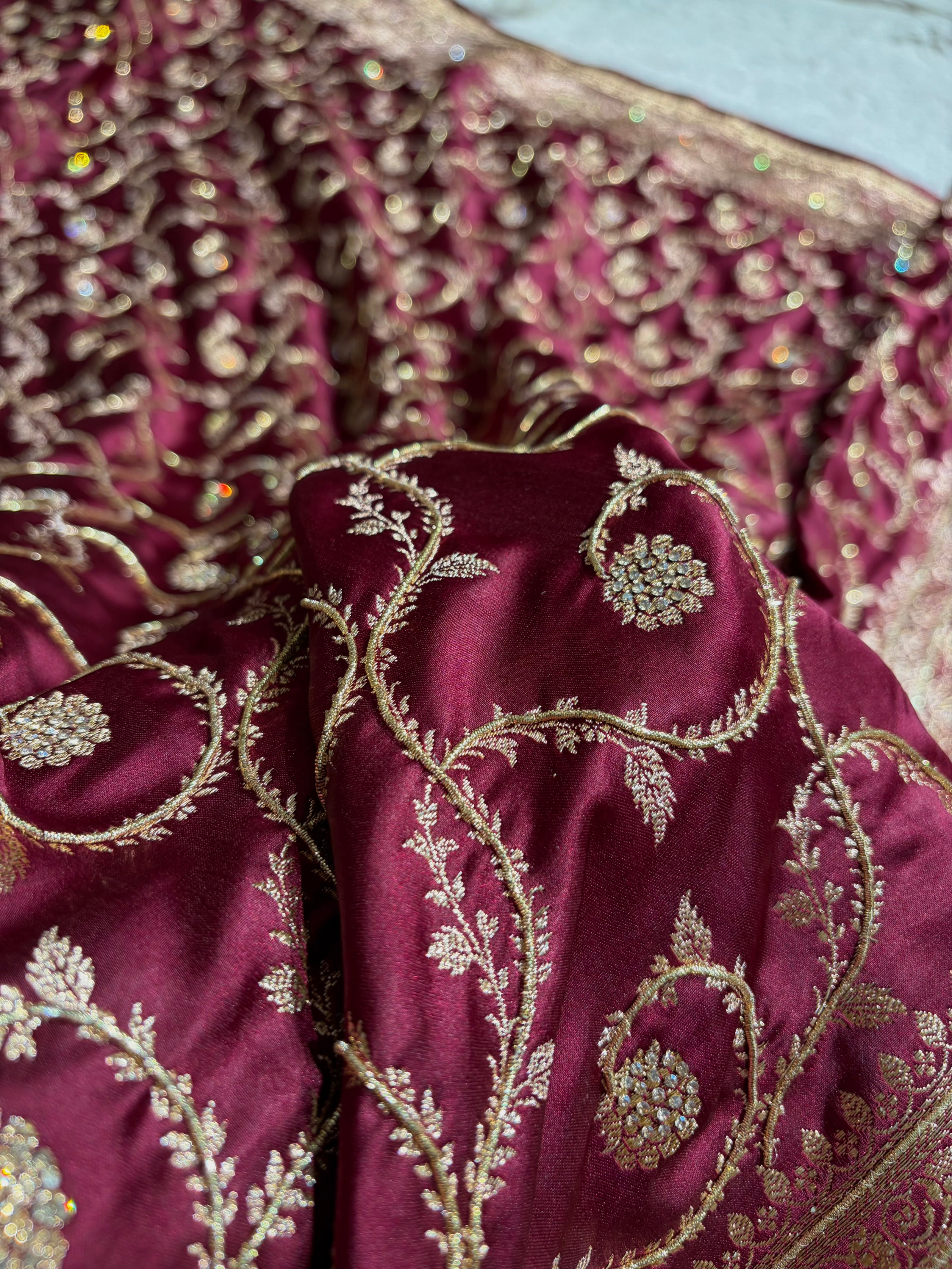 Banarasi Chocolate Shades Jaal Pattern With Swarovski Stone & Zardozi Satin Katan Silk Saree BSK55