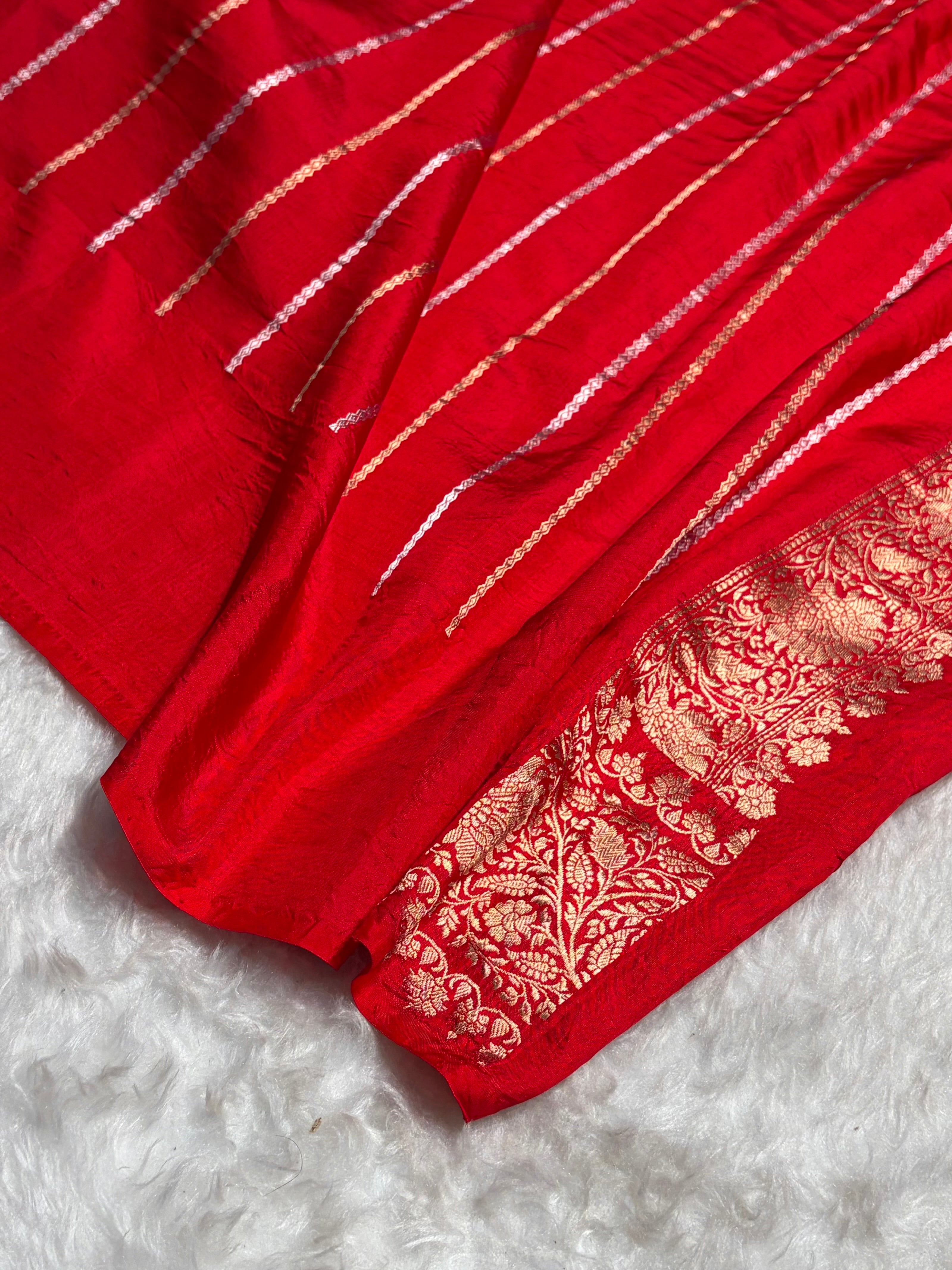 Contrast Mustard Gold With Red Boota Handwoven Pure Katan Raw Mango Silk RM-33