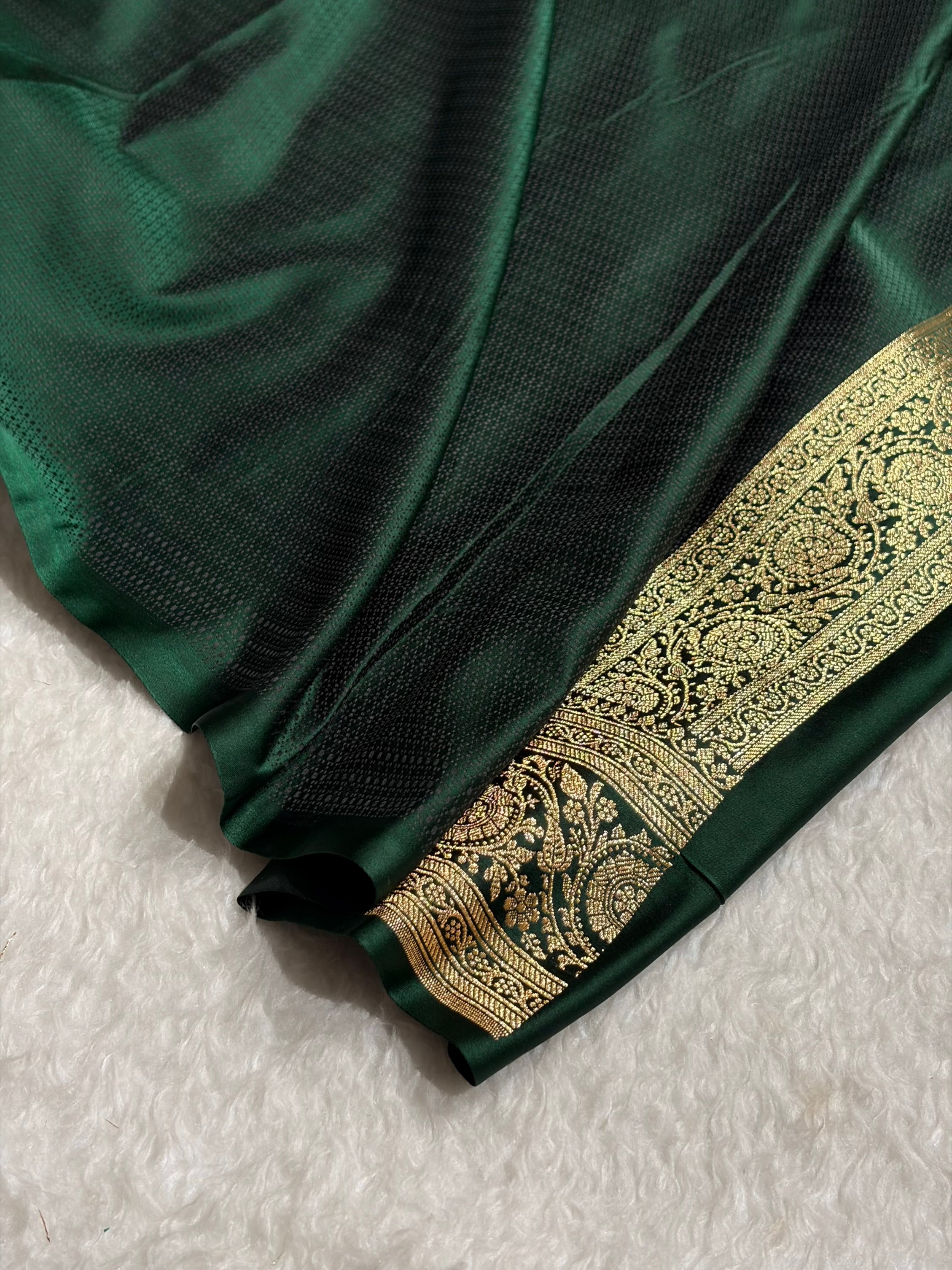 Banarasi Satin Katan Saree in Jaal Pattern Bottle Green Shades SK86