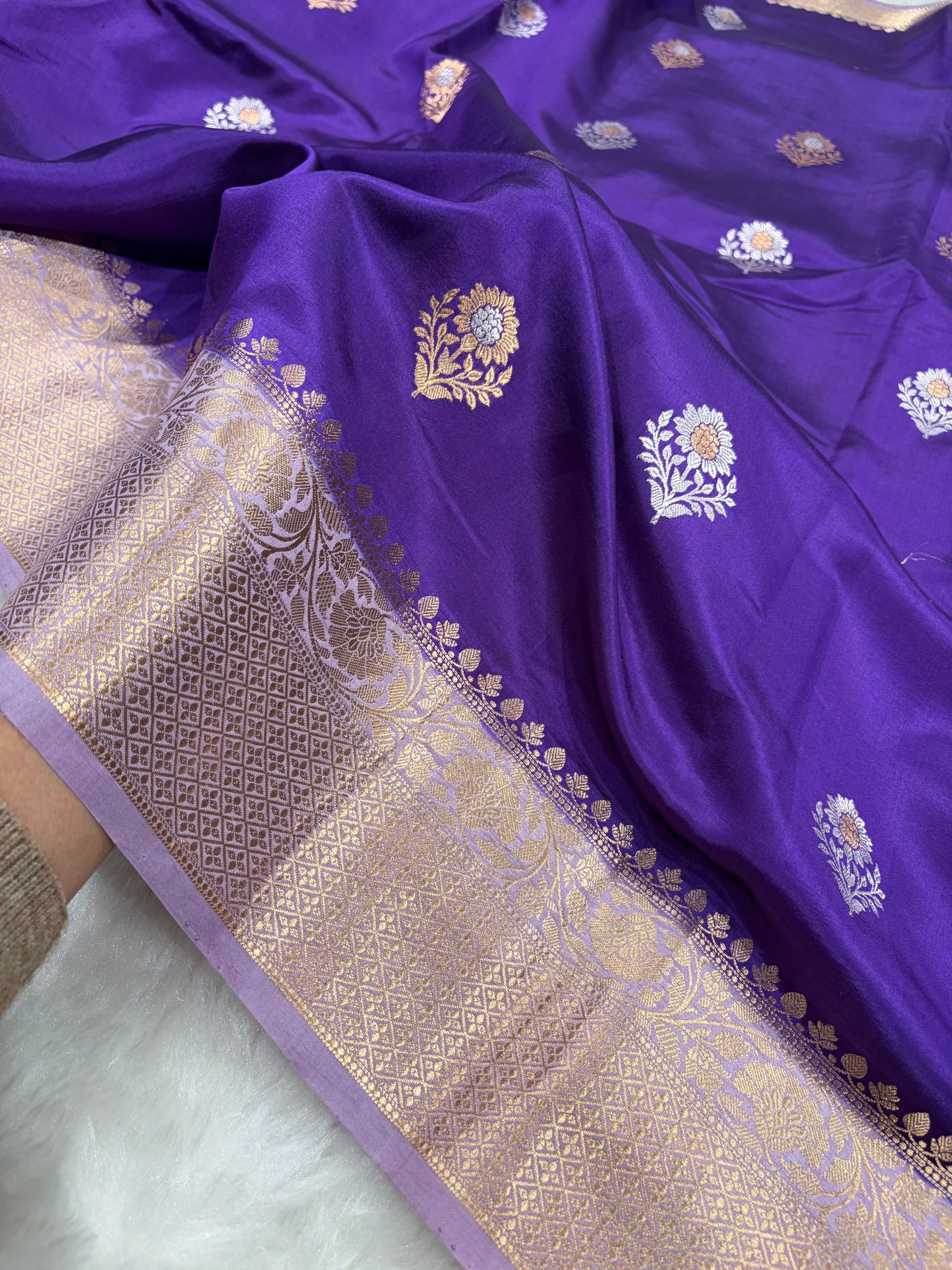Banarasi Purple With Contrast Lavender Border & Meenakari Boota Handwoven Pure Katan Paper Silk RM-74