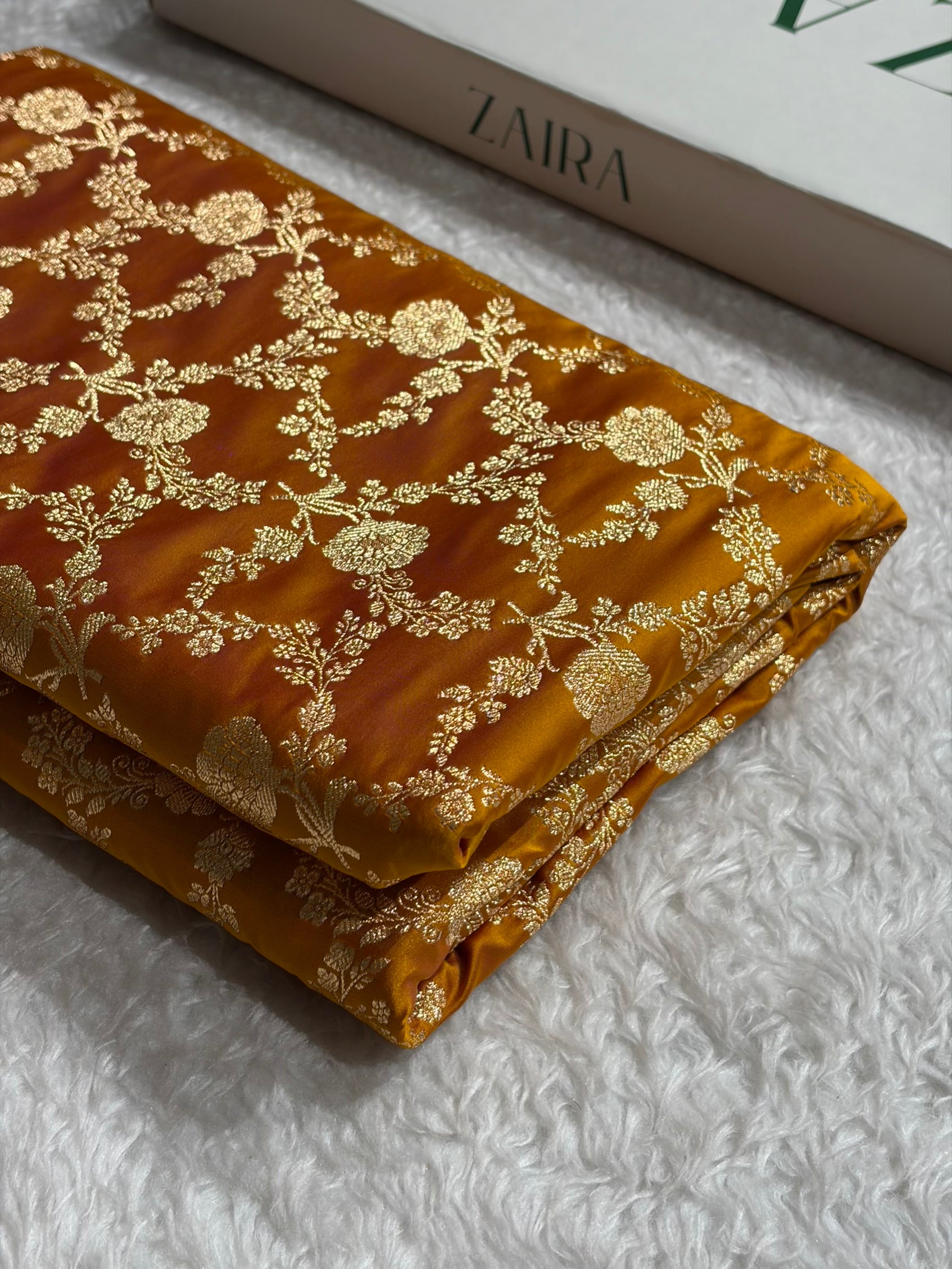 Cross Mustard Shades Jaal Floral Pattern Satin Katan Silk Saree SK80