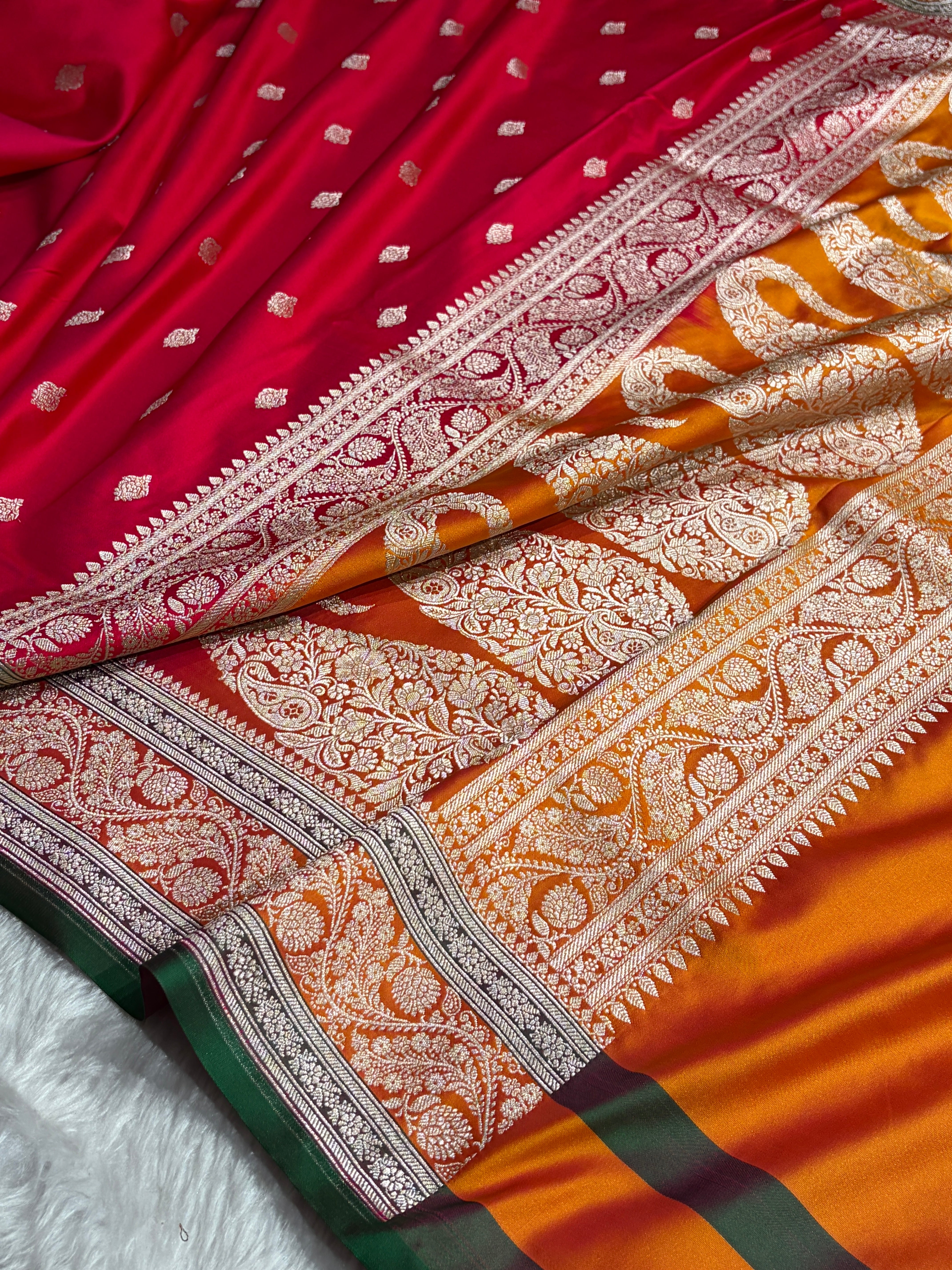 Banarasi Cross Red With Contrast Mustard Floral Border Mashru Silk Saree MSM-101