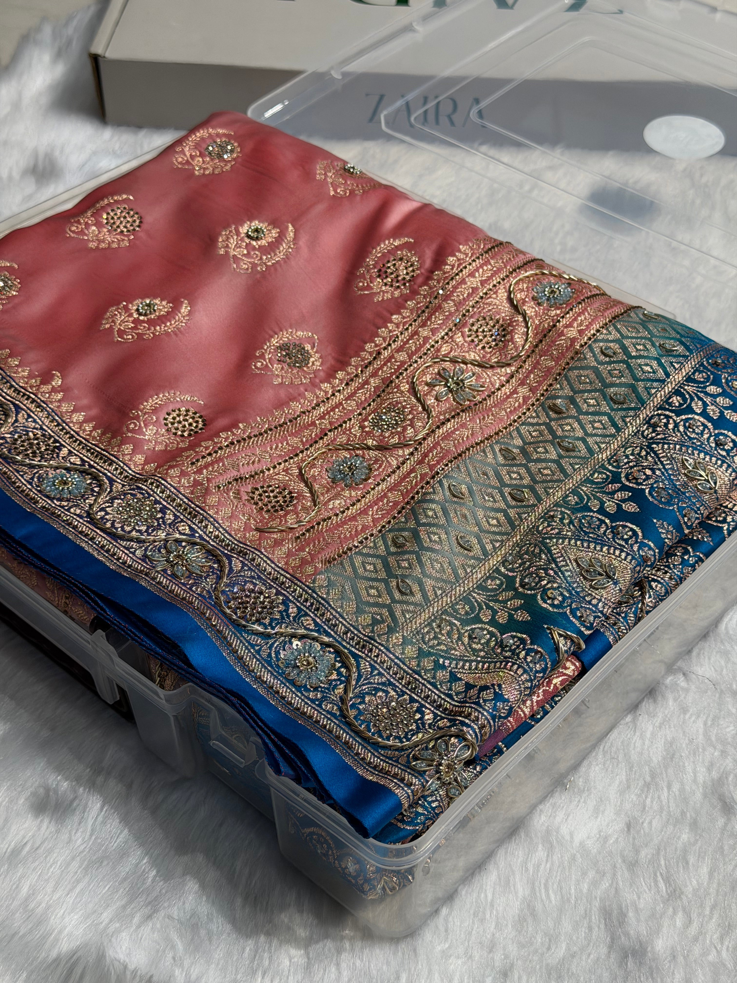 Light Pink with Blue Contrast Floral Boota With Swarovski & Zardozi Work Satin Katan Silk saree BSK27