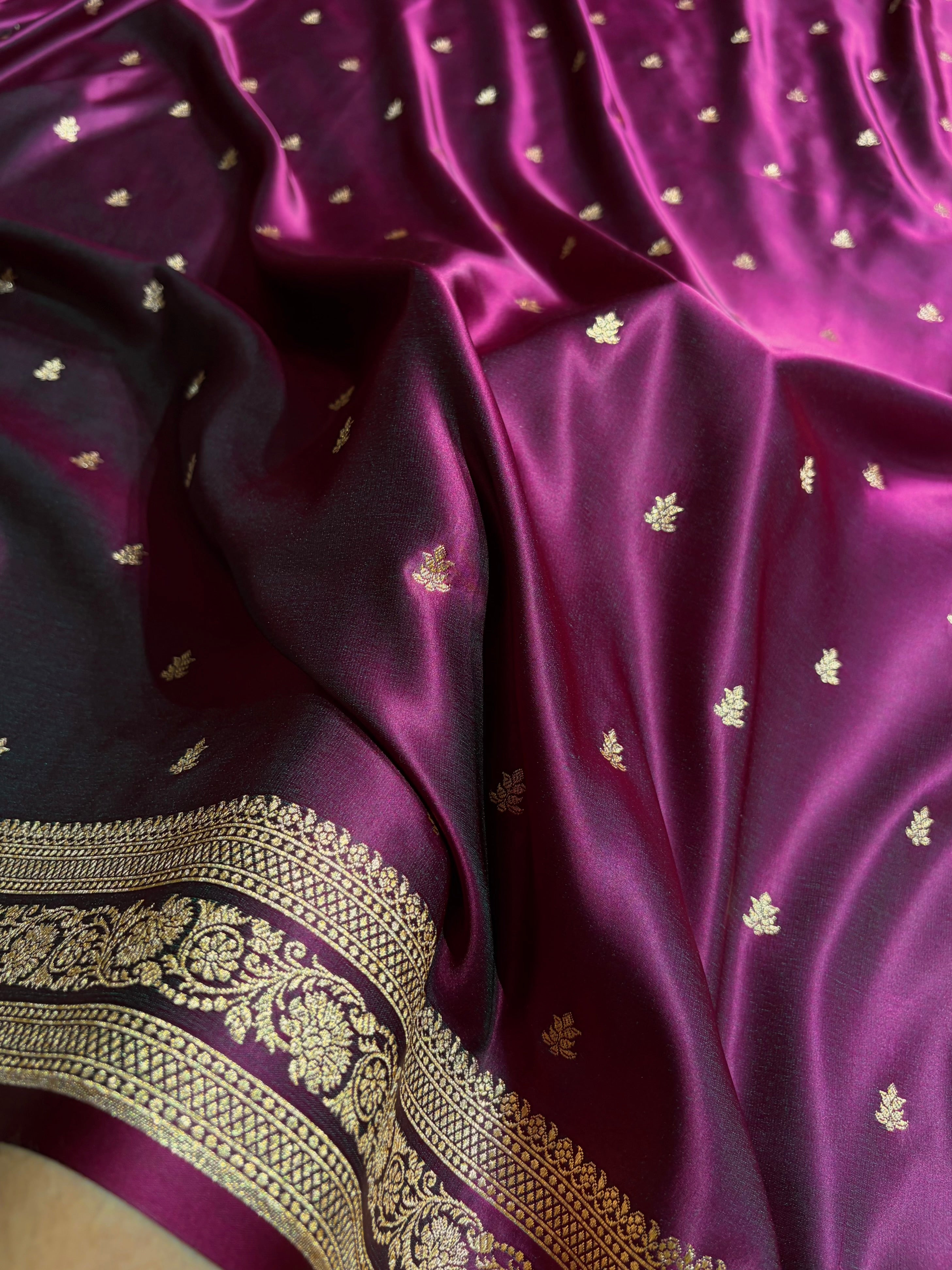 Banarasi Satin Katan Saree With Booti Pattern in Cross Wine Shades SK125