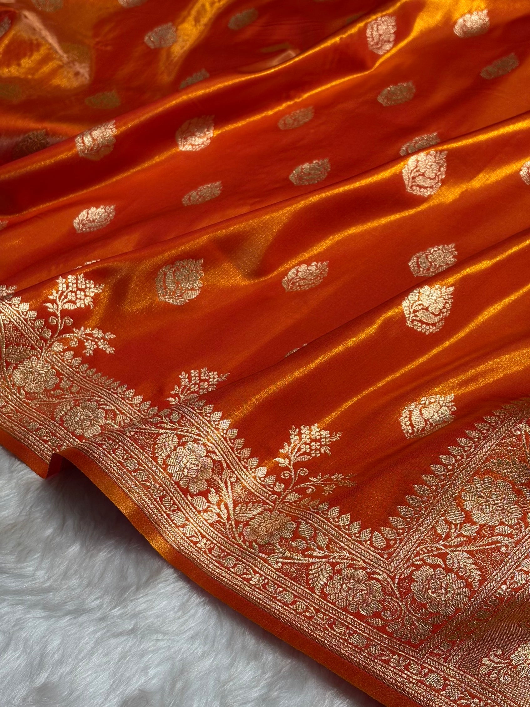 Satin Silk Saree Booti Motif in Orange Shades SS20
