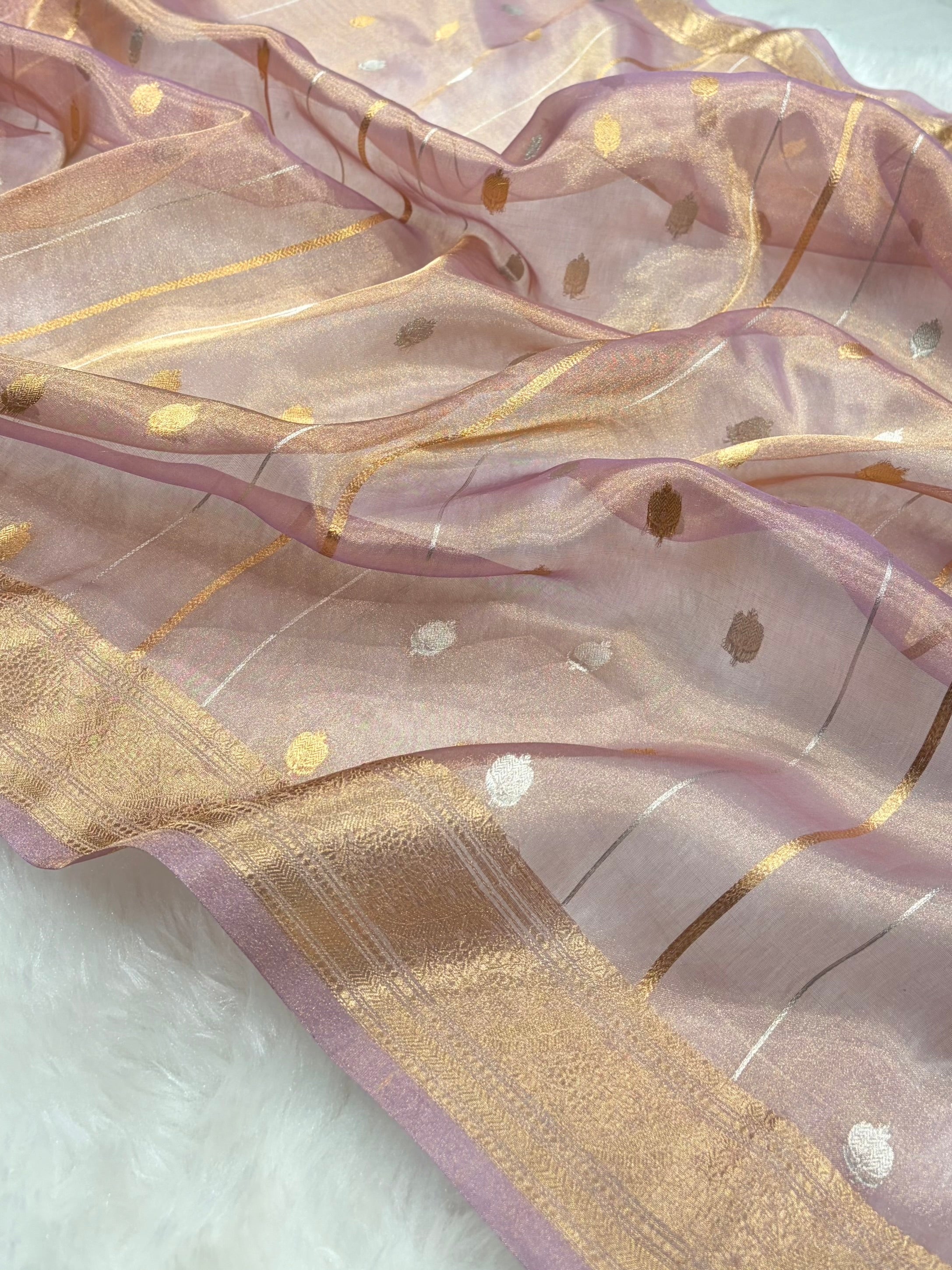 Pinkish Tusser Bananasi Floral Shades Pure Tissue Silk Saree PT-47