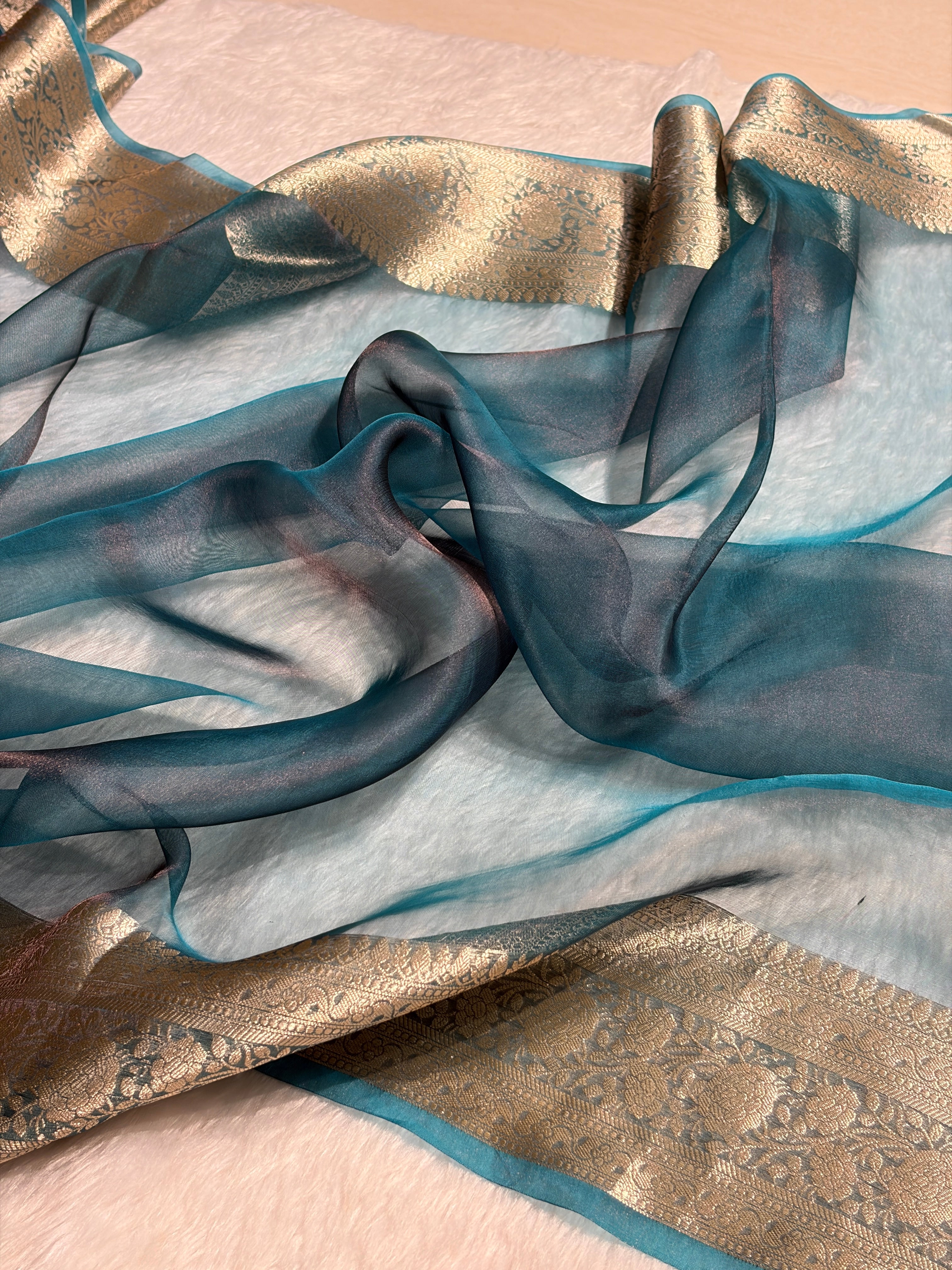 Firozi Shades Pure Tissue Silk Saree with Brocade Blouse PT-08