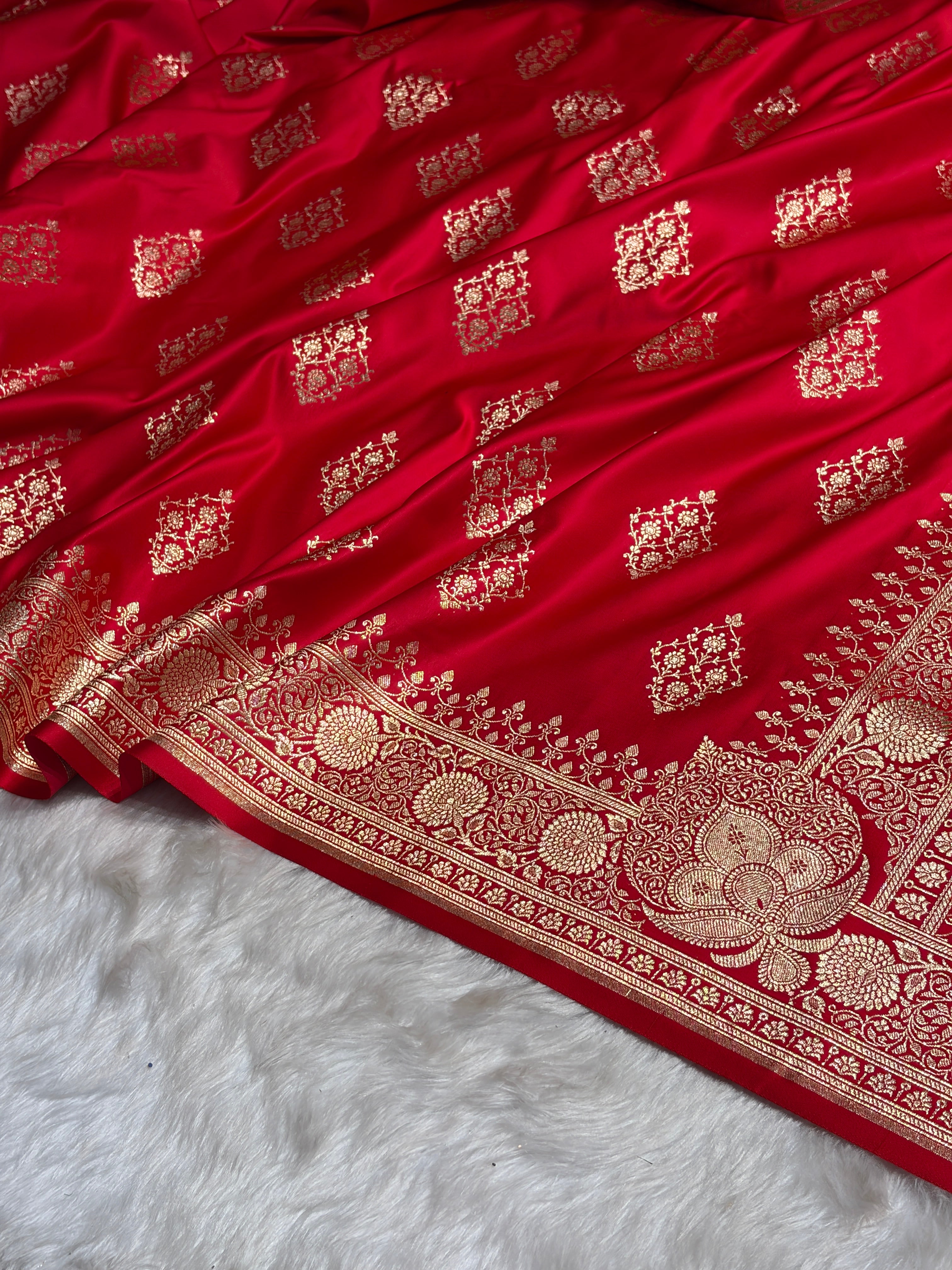 Red Floral Boota Satin Katan Silk saree SK35