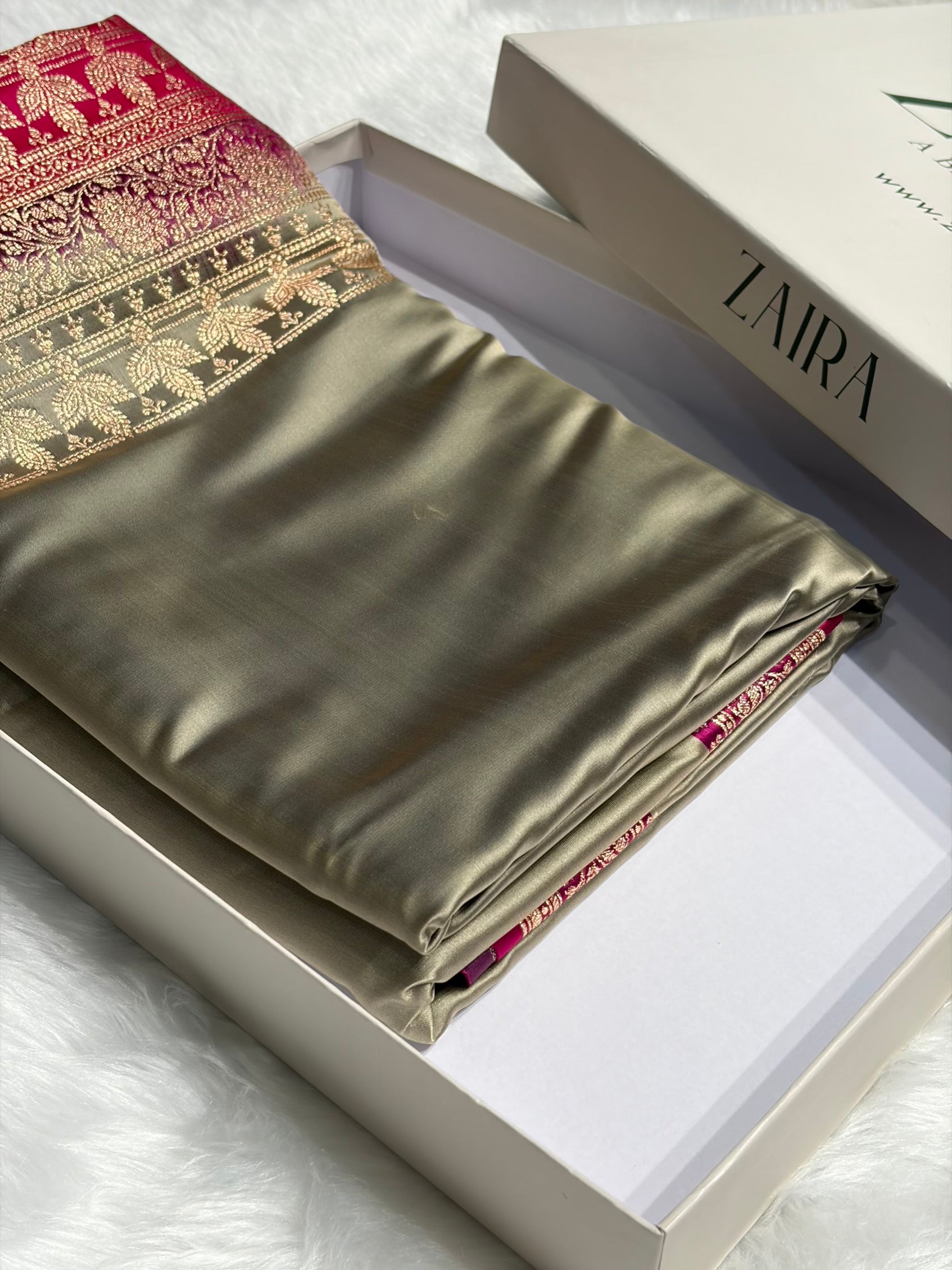 Banarasi Satin Katan Saree in Contrast Metallic Grey / Rani Shades SK131
