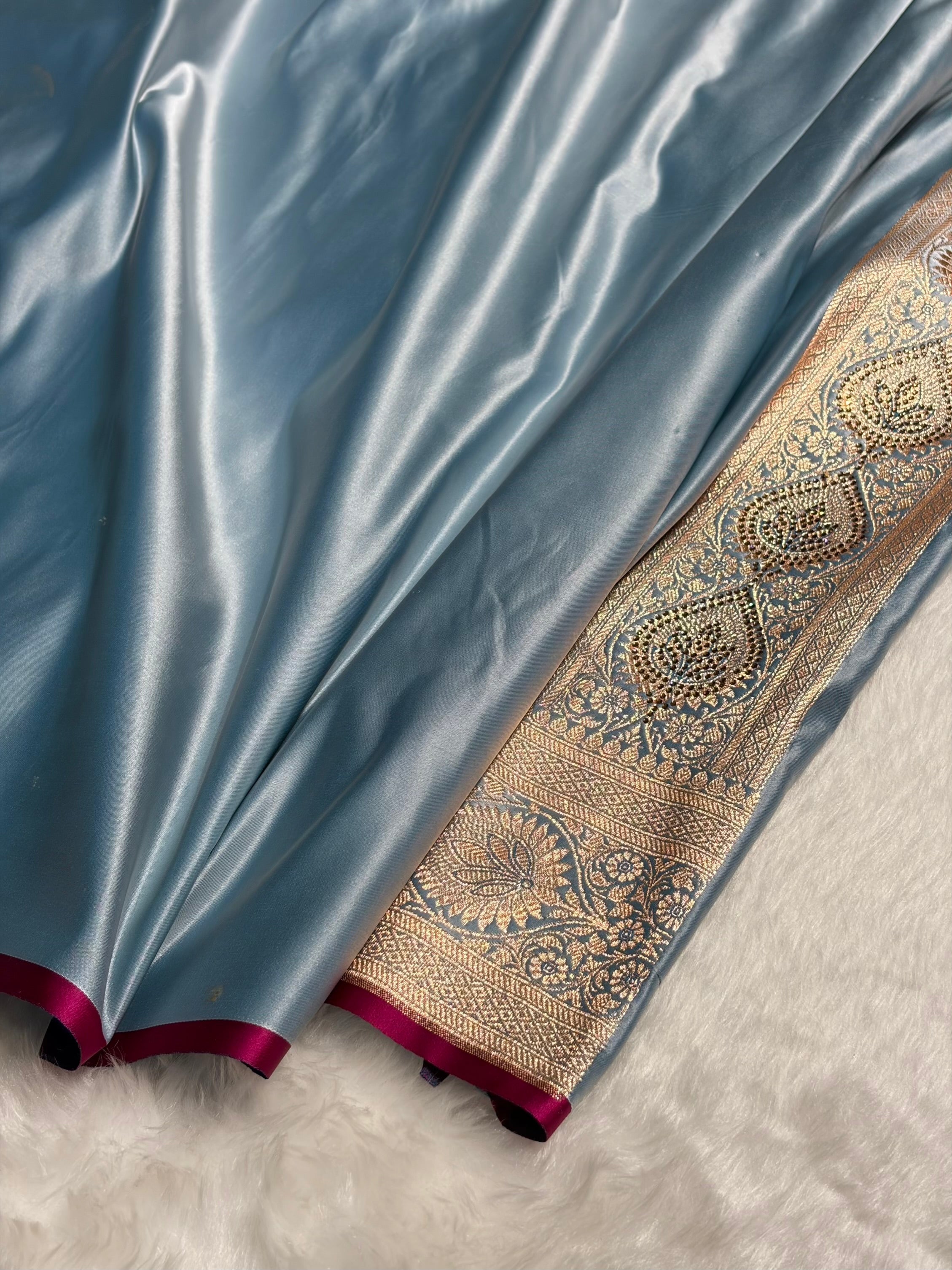 Sky Blue Swarovski Work Booti Satin Katan Silk Saree BSK10