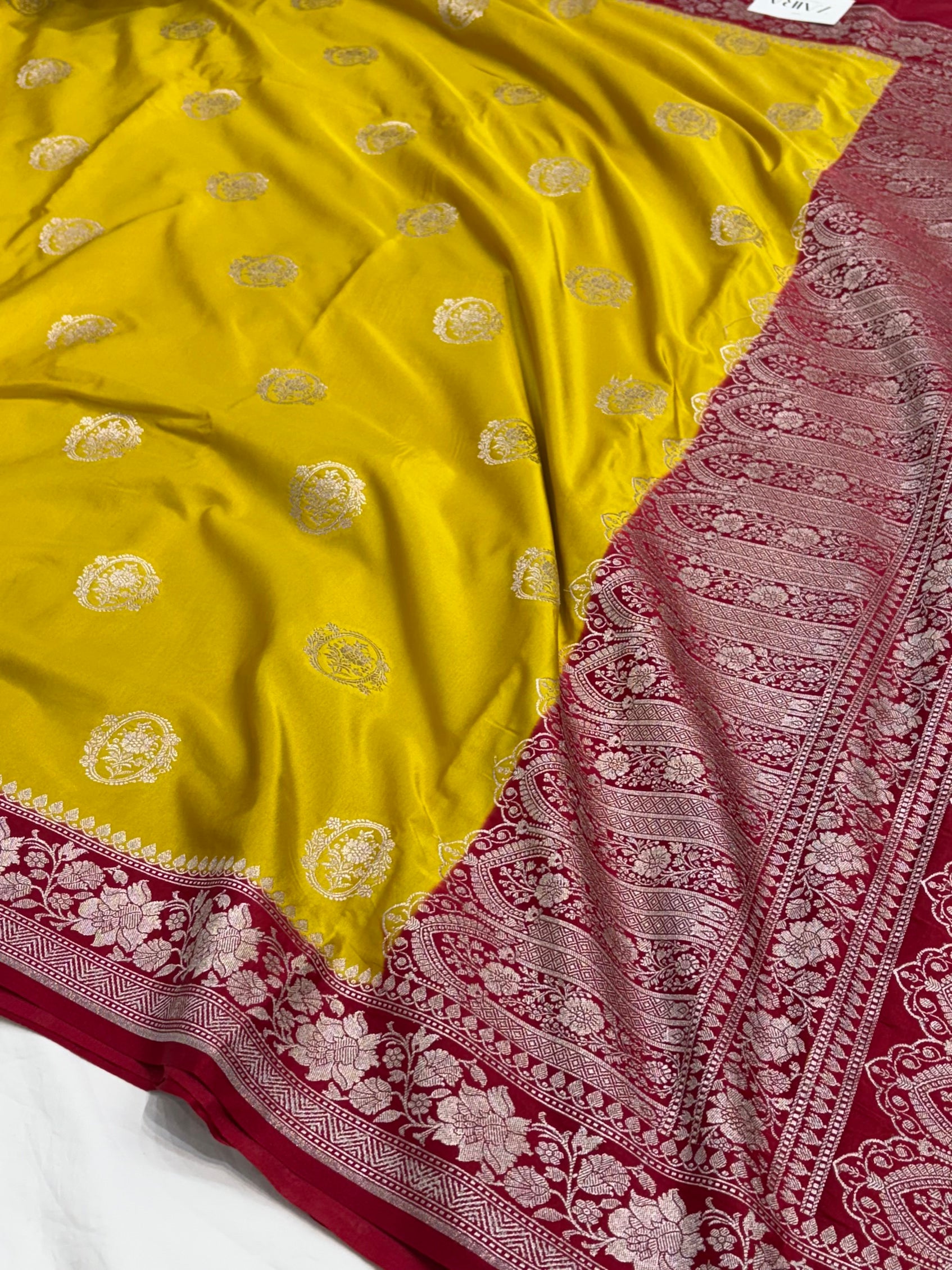 Mustard / Red Contrast Shade With Booti Pattern Mashru Silk Saree