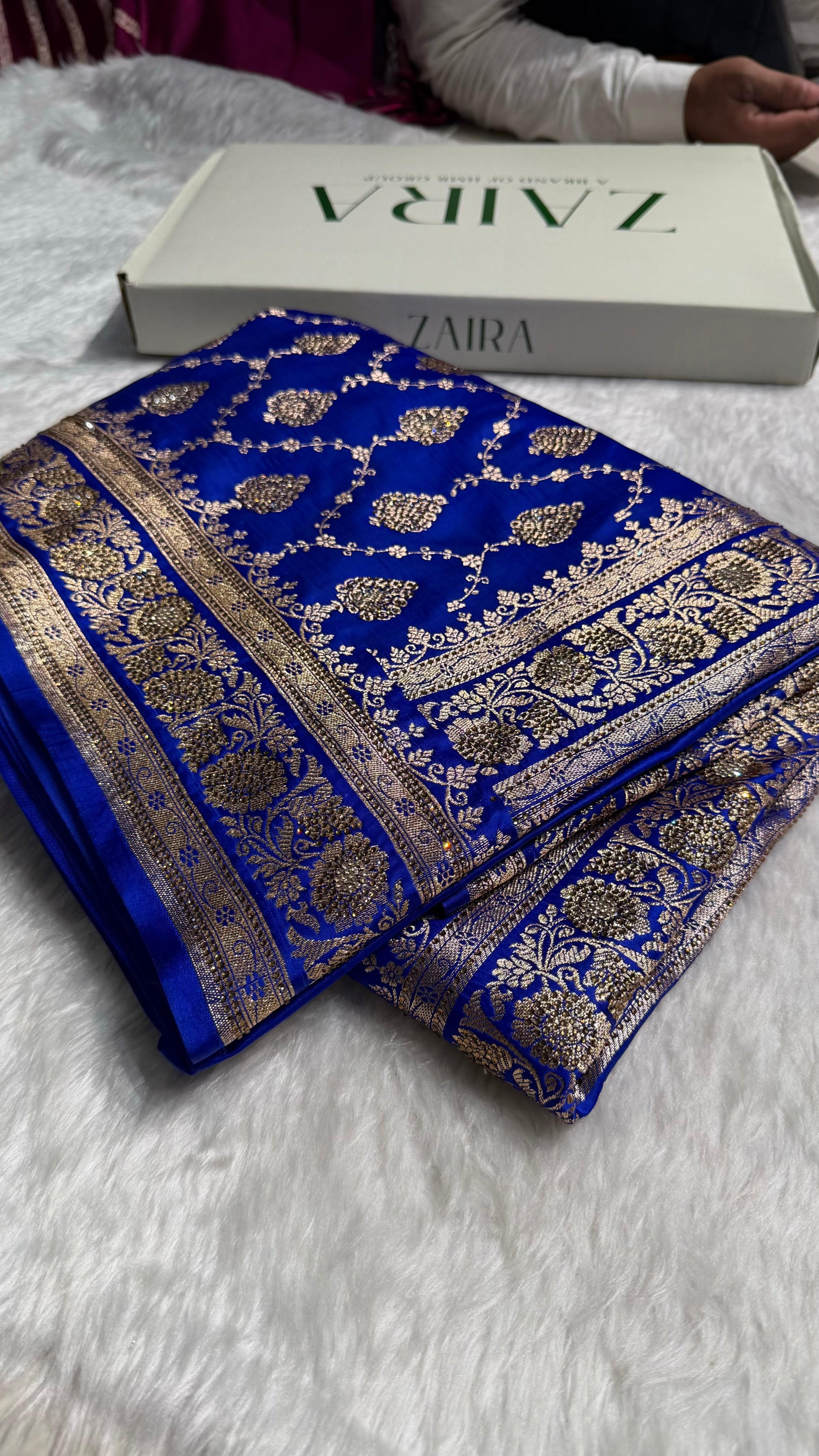 Royal Blue Floral Jaal Pattern Satin Katan Silk saree BSK42