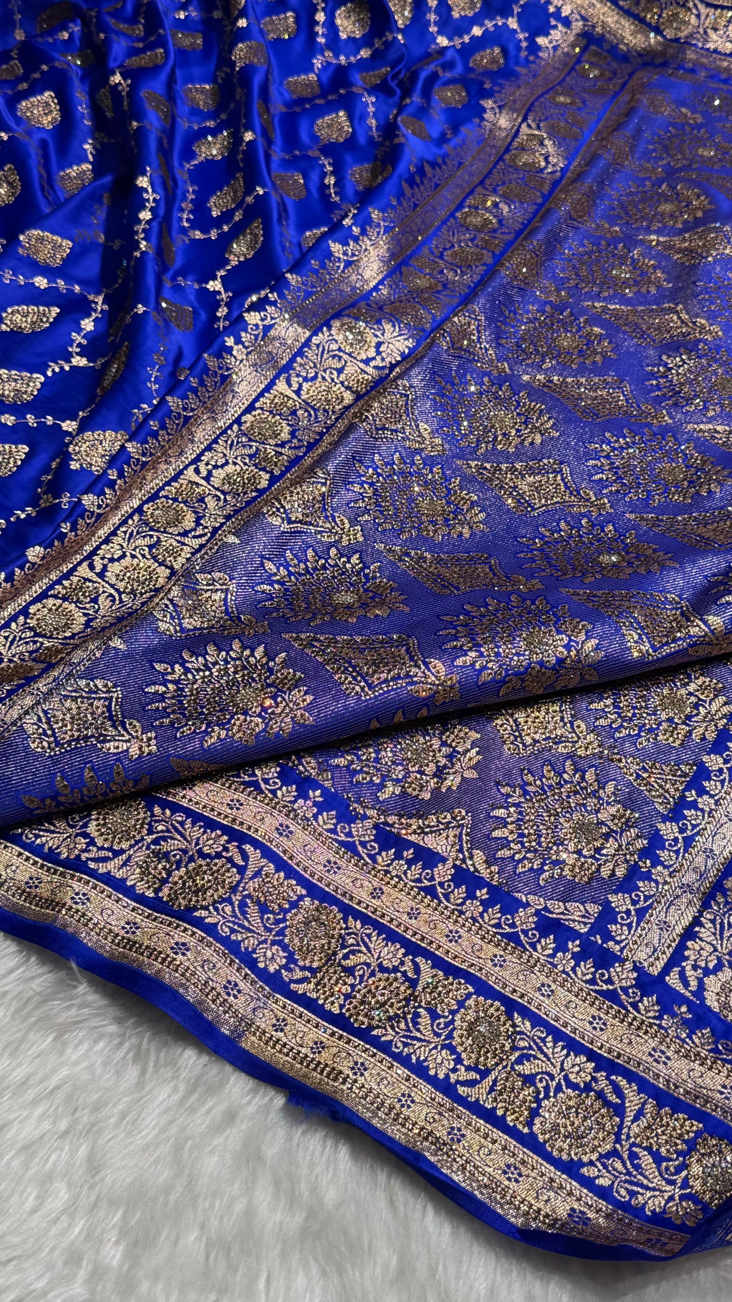 Royal Blue Floral Jaal Pattern Satin Katan Silk saree BSK42