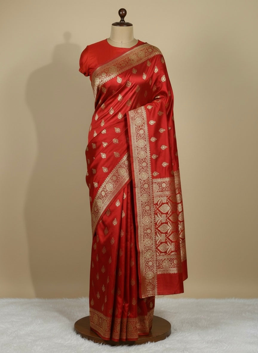Banarasi Satin Katan Saree With Boota in Red Shades SK98