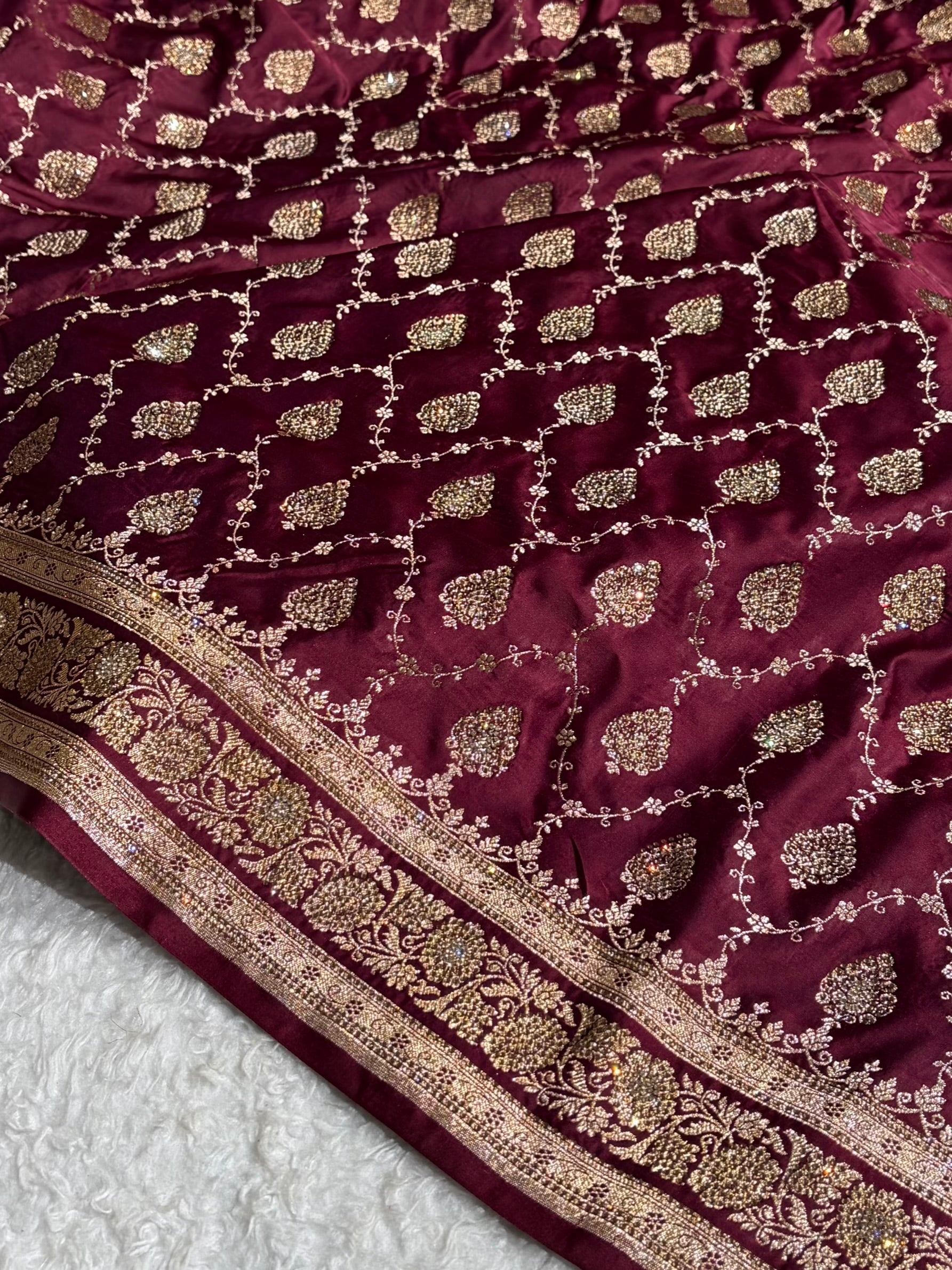 Garnet Floral Jaal Pattern with Sewarovsi Work Satin Katan Silk saree BSK42