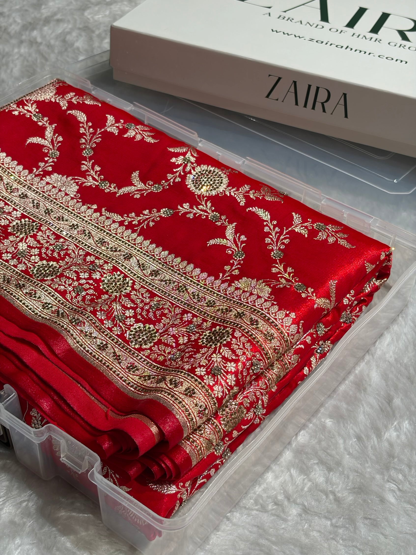 Light Weight Red Satin Silk Saree with Swarovski work BSS14