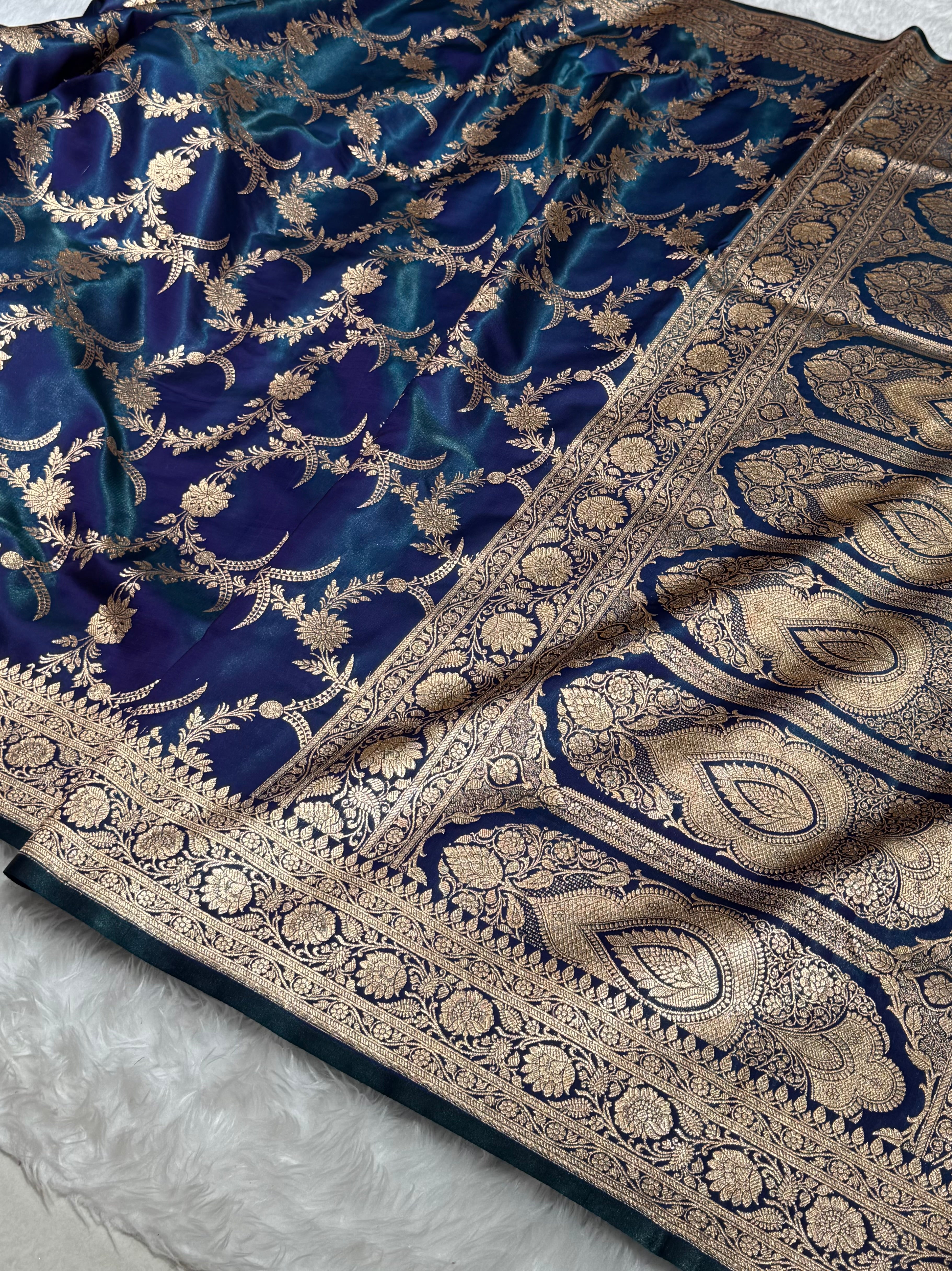 Satin Silk Banarasi Jaal In Peacock Shades SS18