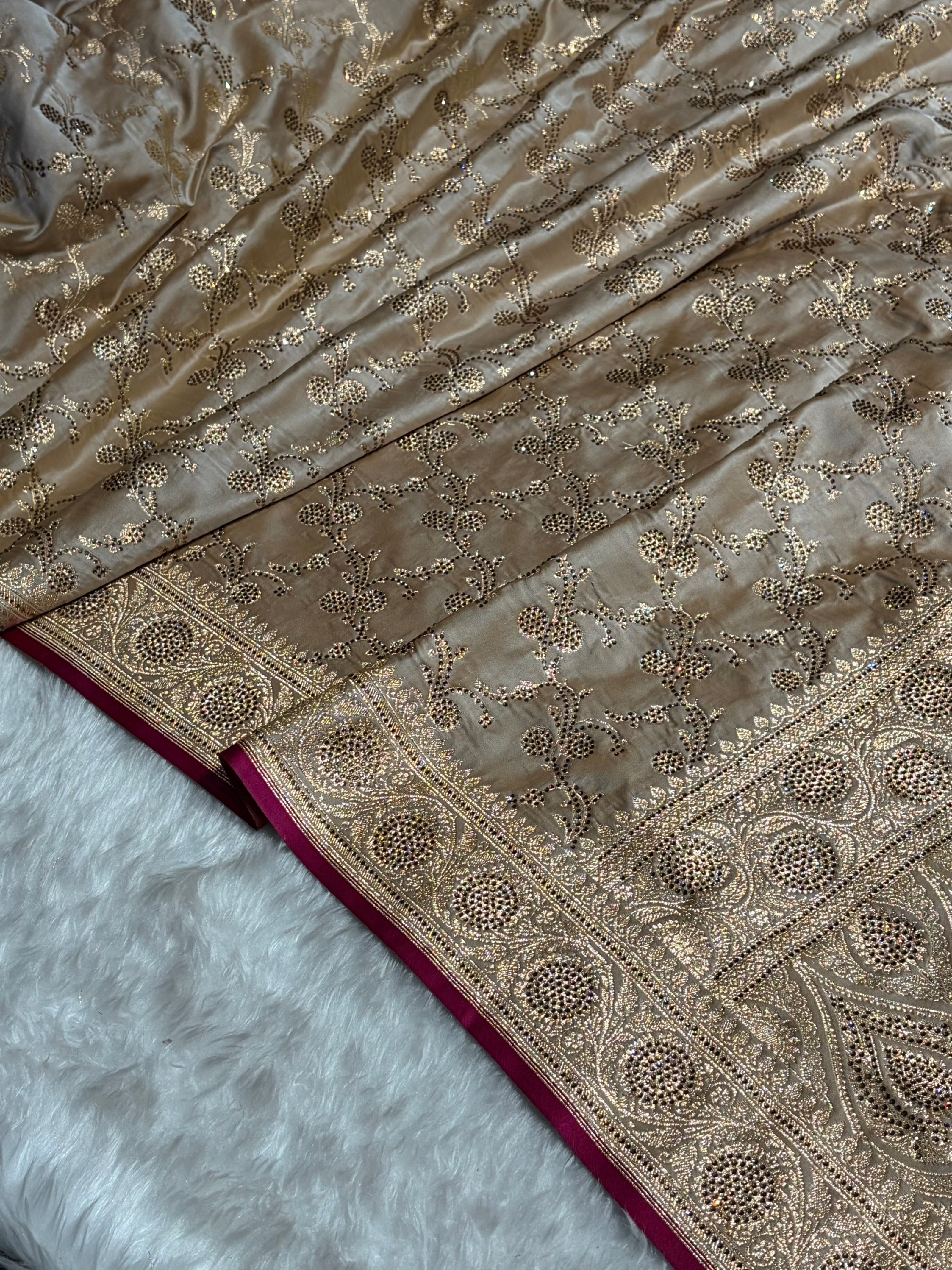 Beige Shades Cross With Swarovski Work Satin Katan Silk Saree BSK17