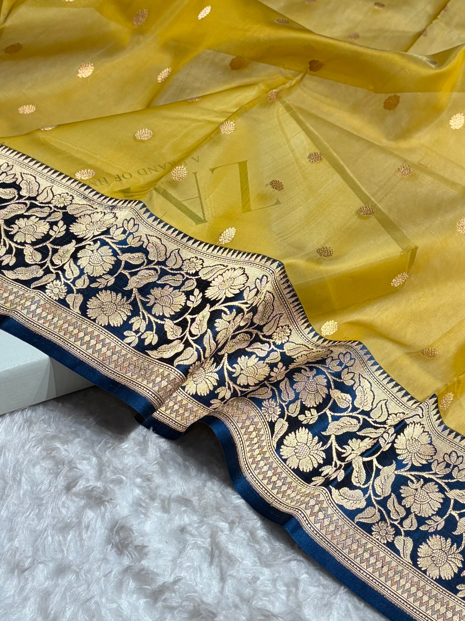 Contrast Pure Banarasi Organza Beige With German Blue Floral Banarasi Silk Saree PO-18