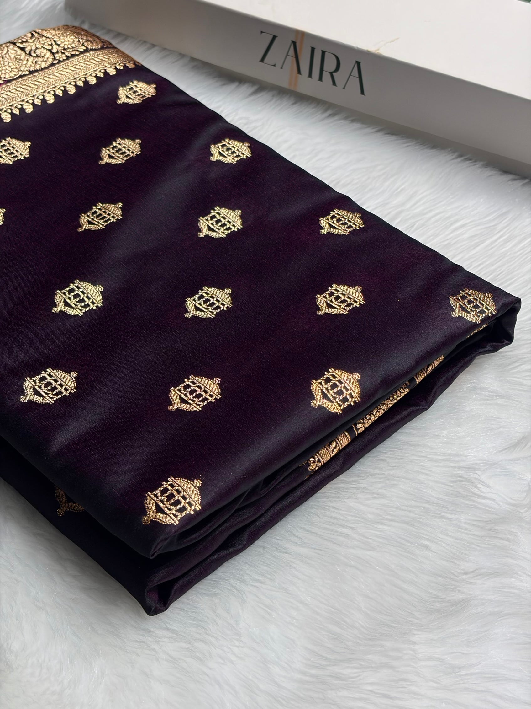 Banarasi Satin Katan Saree Booti Pattern in Dark Wine Shades SK137