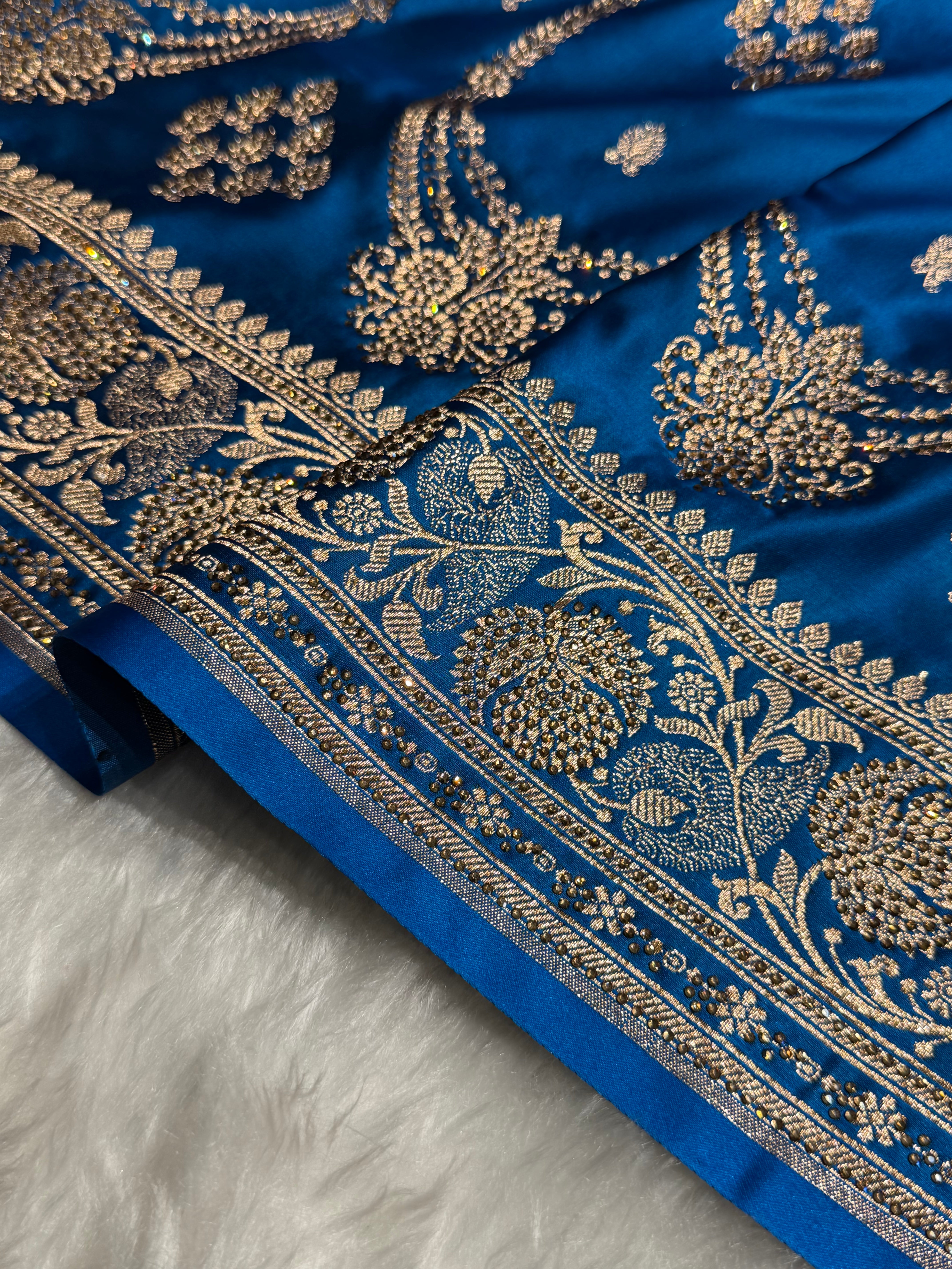 Dusty Blue Floral Boota Pattern With Banarasi Swarovski Stone Work Satin Katan Silk saree BSK39