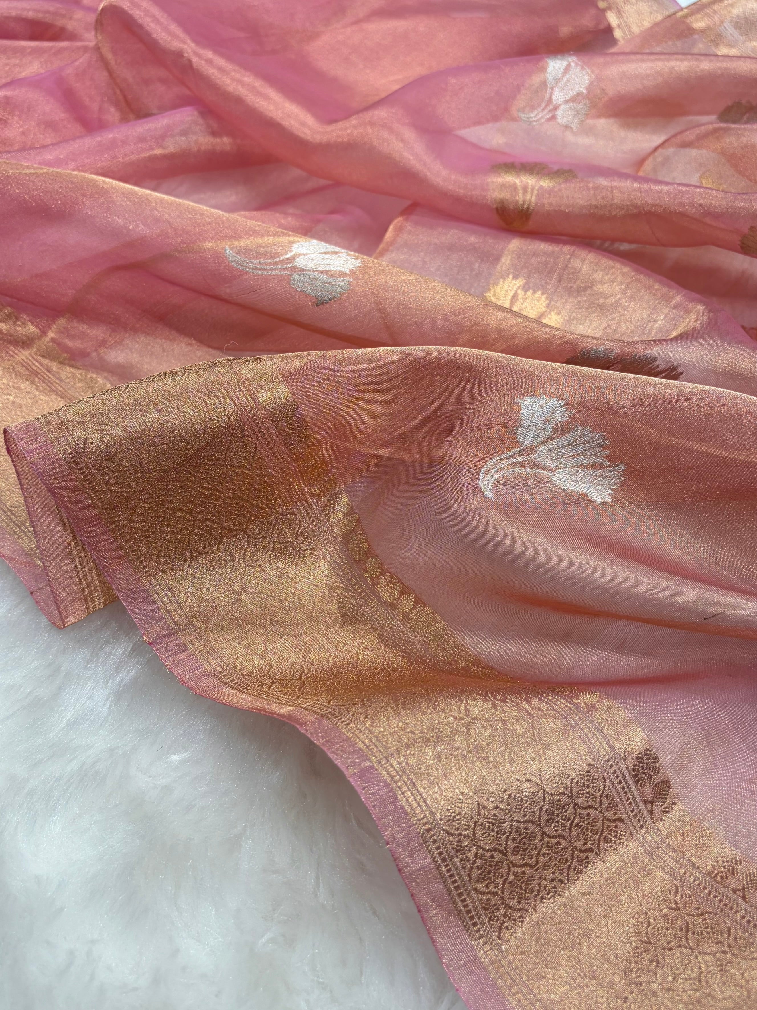 Light Peach Bananasi Floral Shades Pure Tissue Silk Saree PT-53