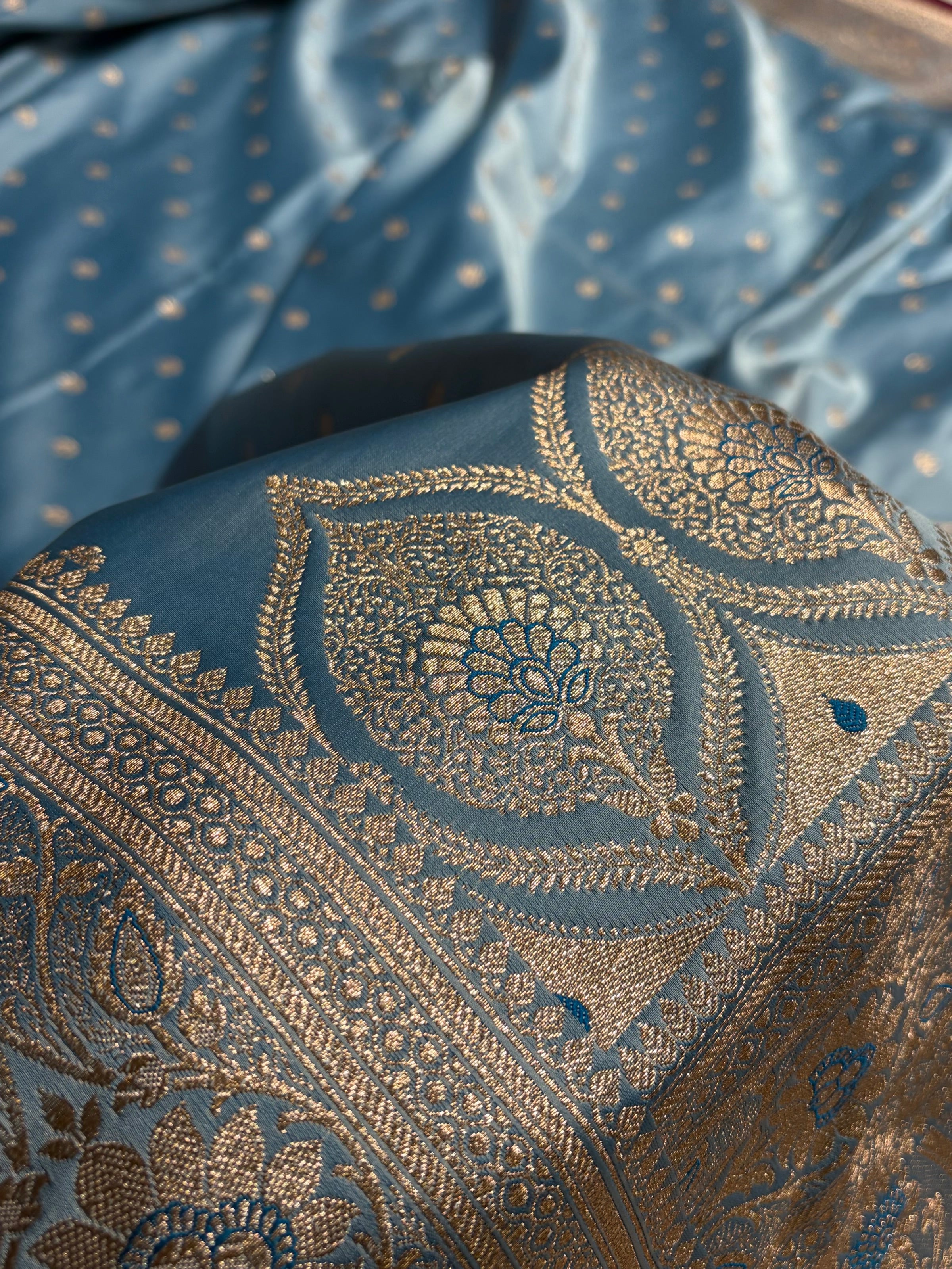 Banarasi Powder Blue Booti Satin katan Silk Saree SK11