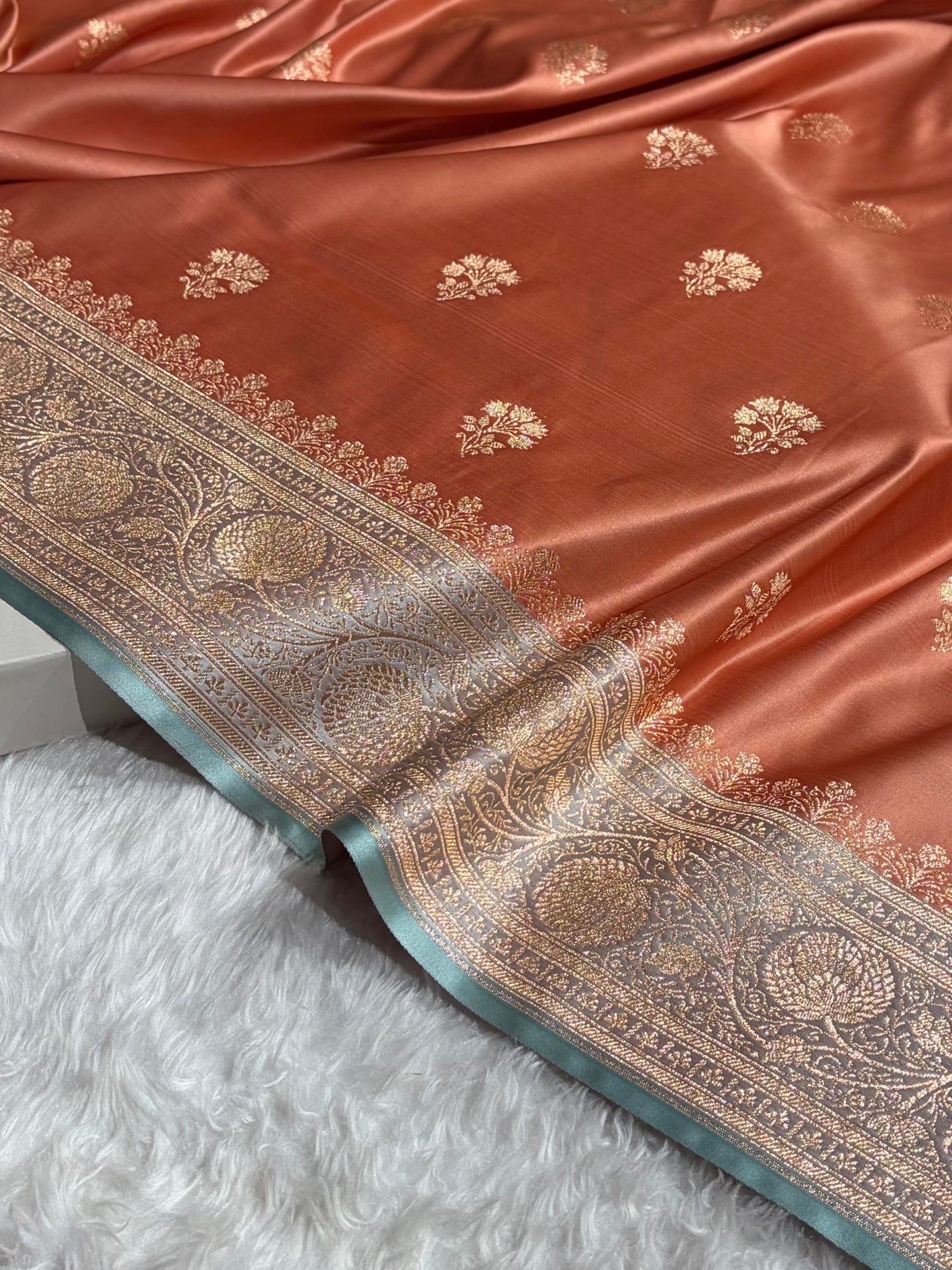 Rose Peach - Turquoise Banarasi Boota Katan Silk Saree SKM29