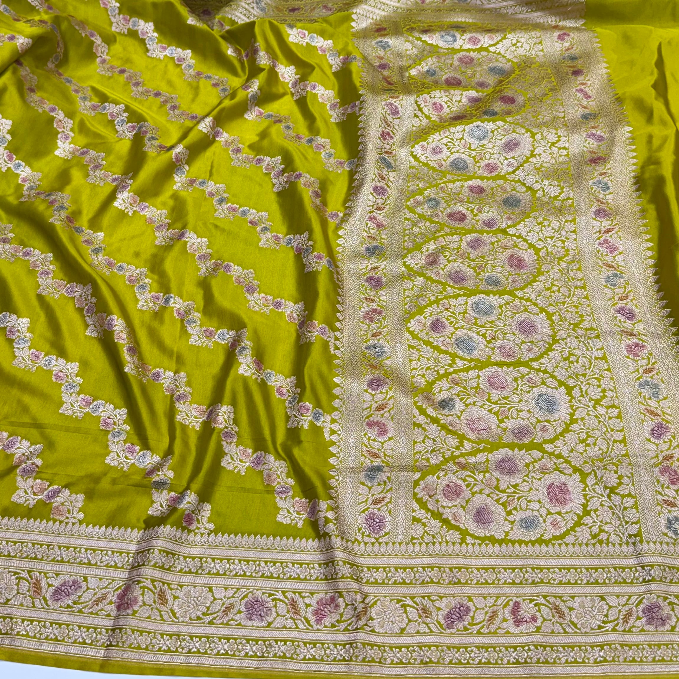 Light Mehandi Minakari Cross Mashru Silk Saree