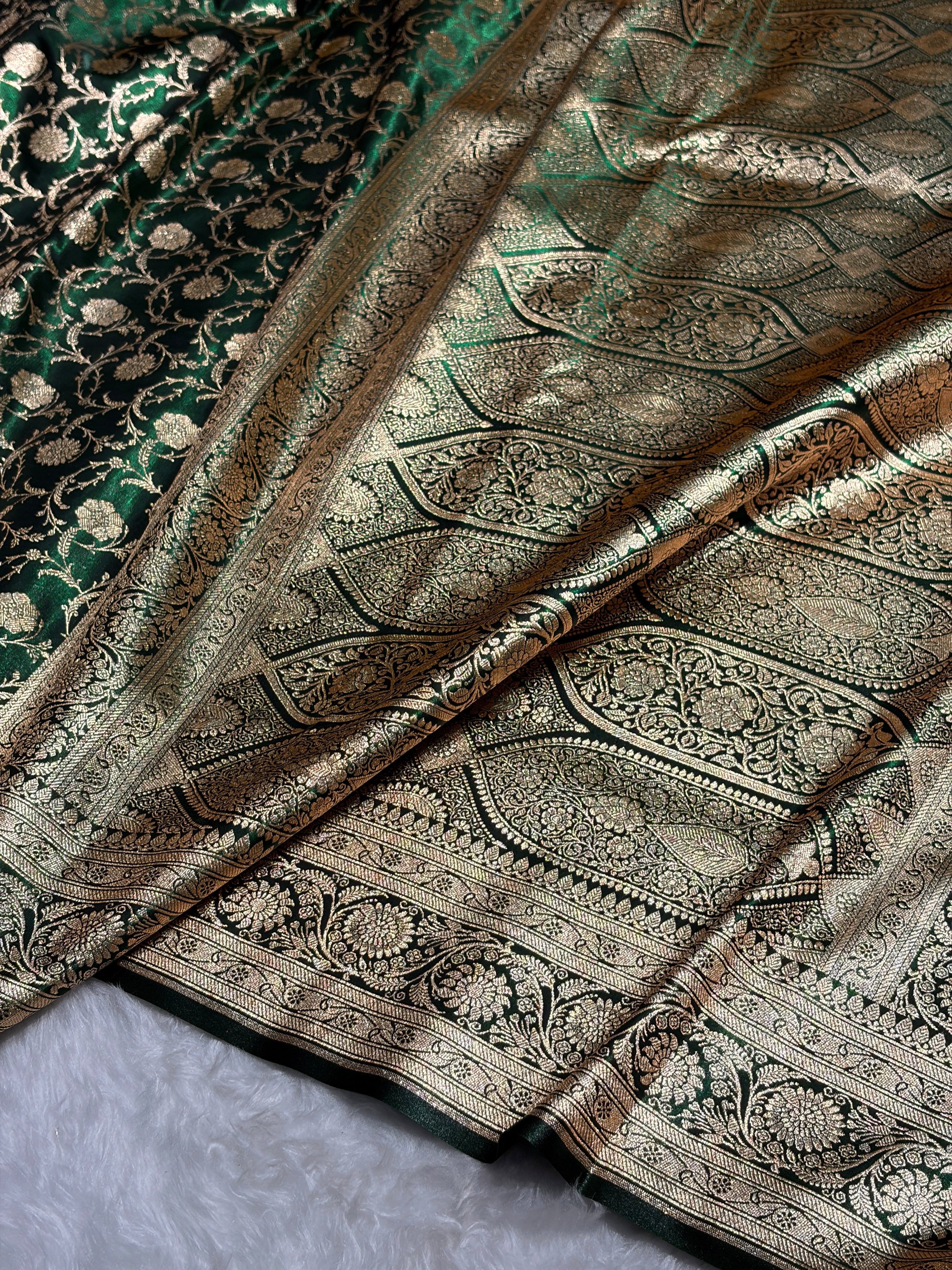 Ultra Light Weight Satin Silk Jaal in Dark Bottle Green Shades SS13