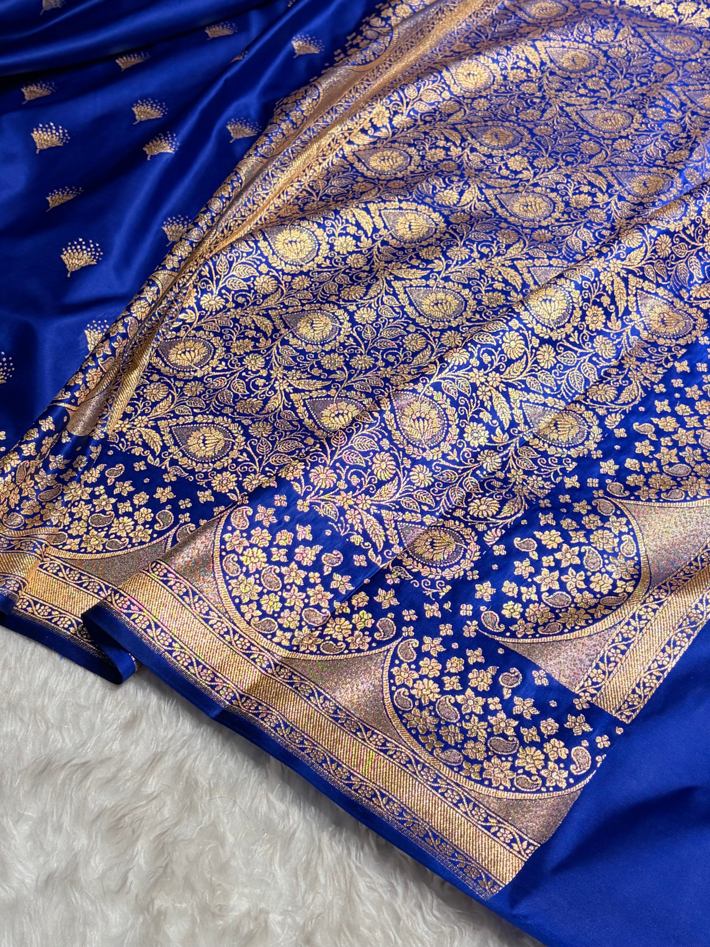 Royal Blue Floral Banasari Pattern Satin Katan Silk Saree SK83