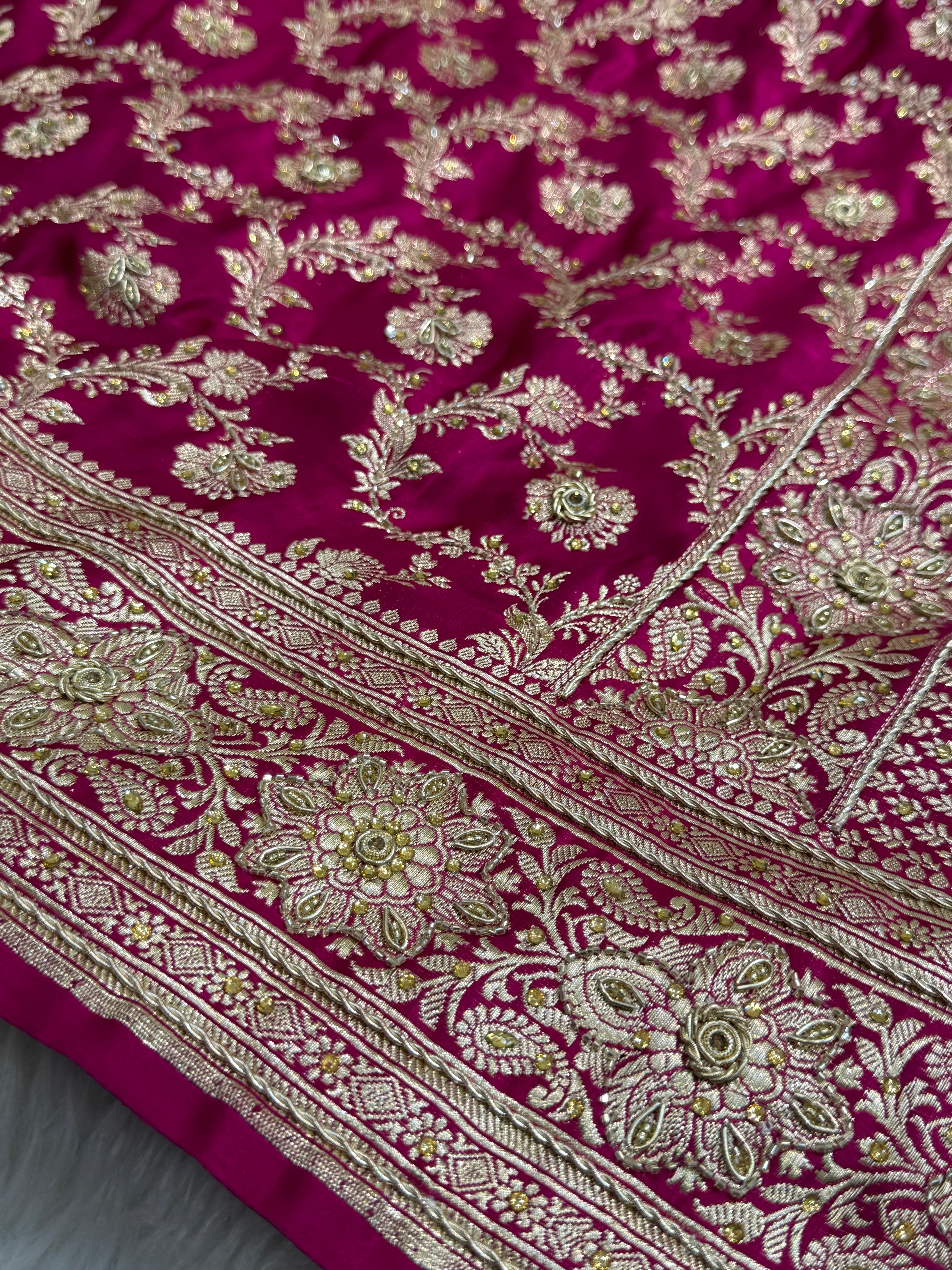 Rani Pure Katan Silk Banarasi Saree with Zardozy, Ari and Stone work