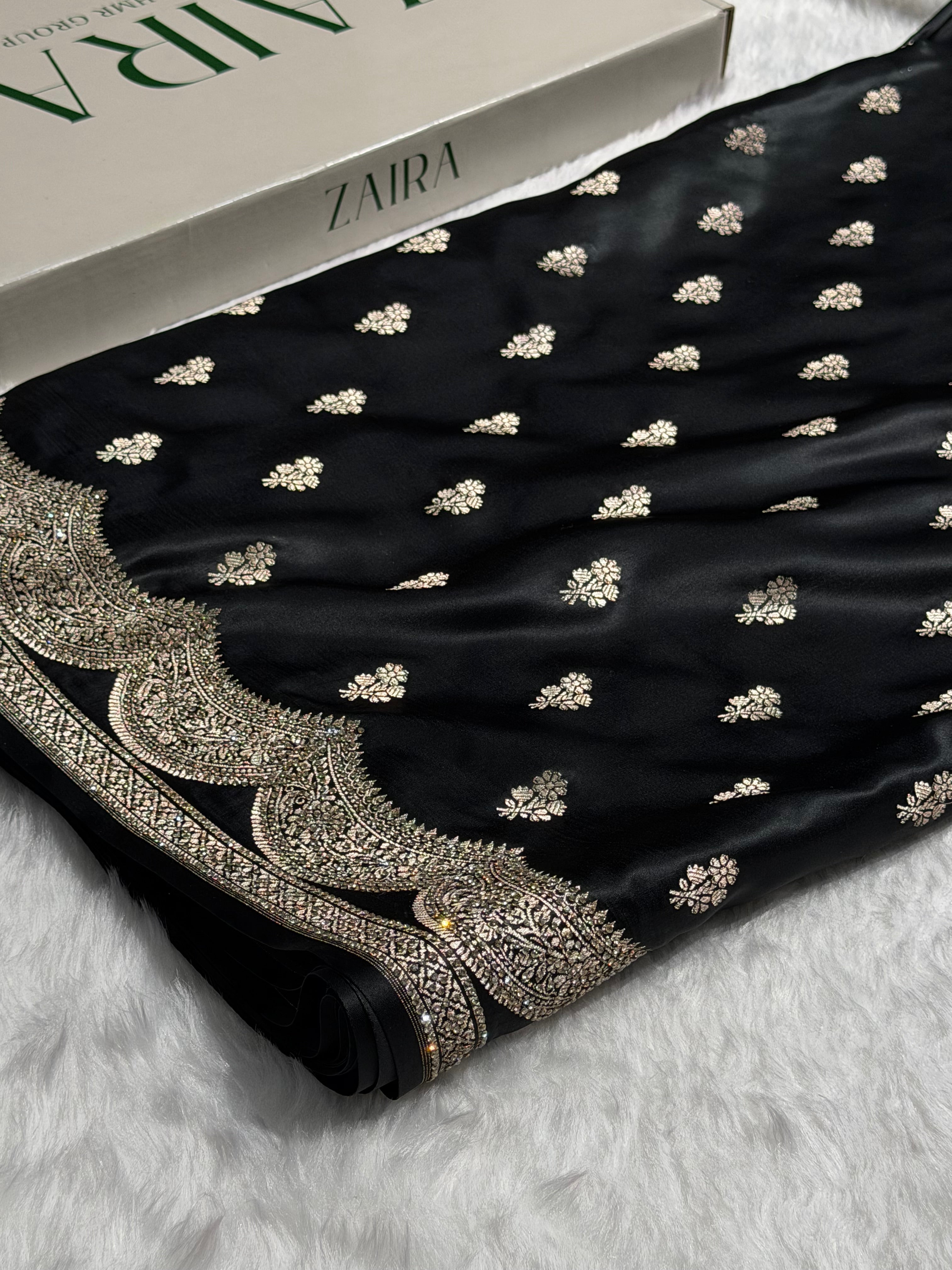 Banarasi Black Scallop Mashru Silk with White Stone Swarovski work BMS02
