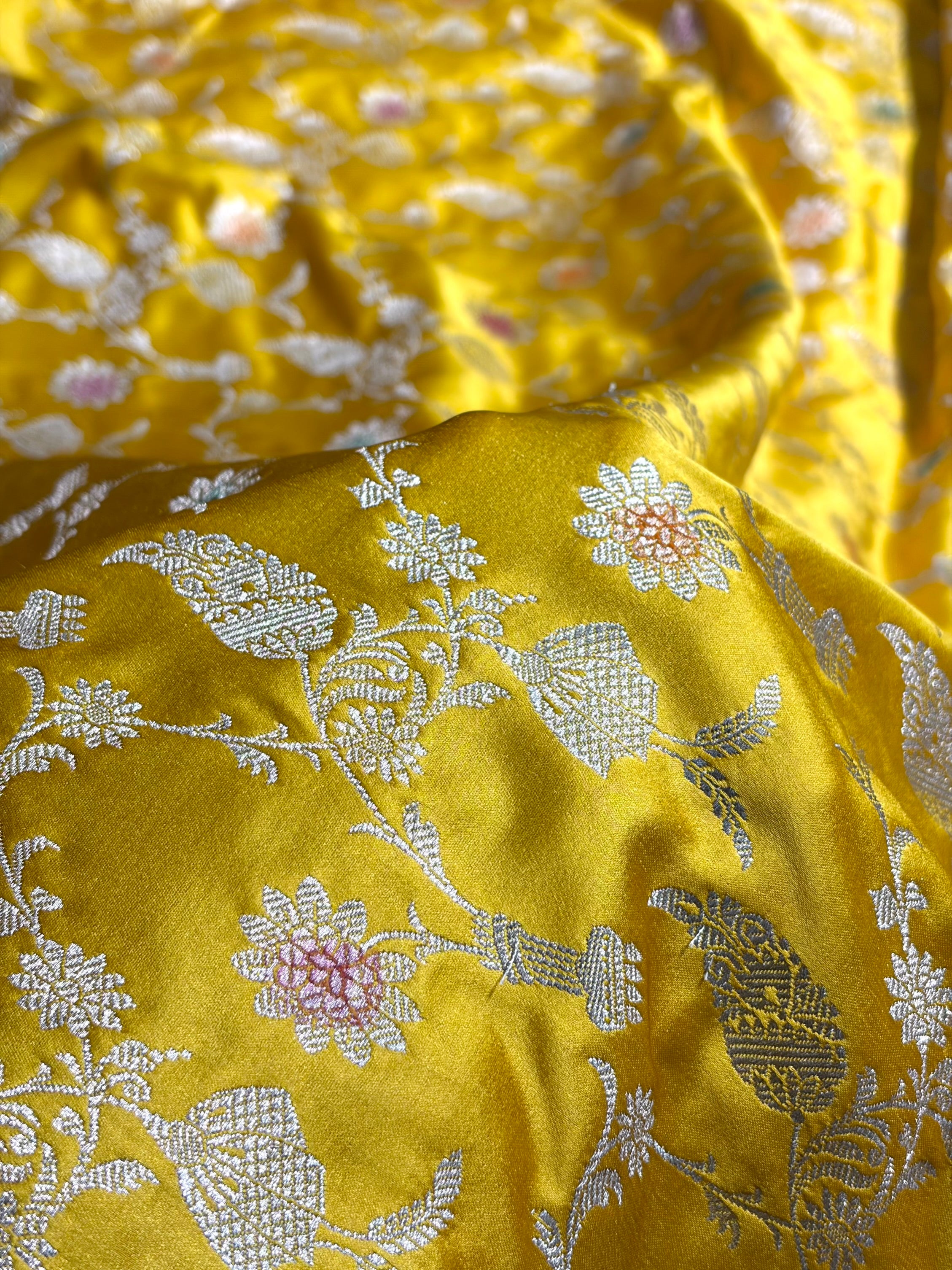 Mustard Yellow Shades In Banarasi Minakari Jaal Mashru Silk Saree MS42