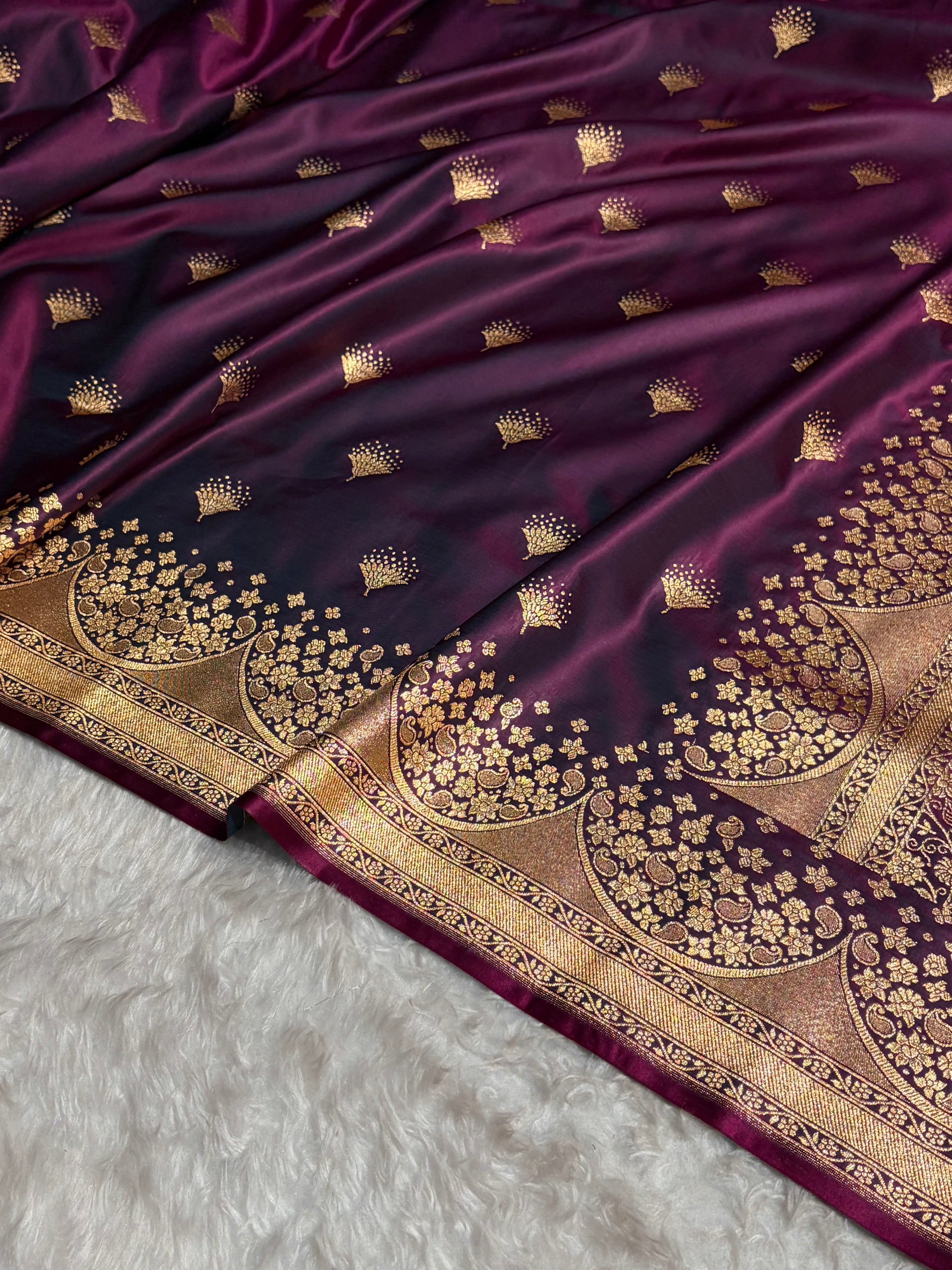 Cross Wine Floral Banasari Pattern Satin Katan Silk Saree SK83