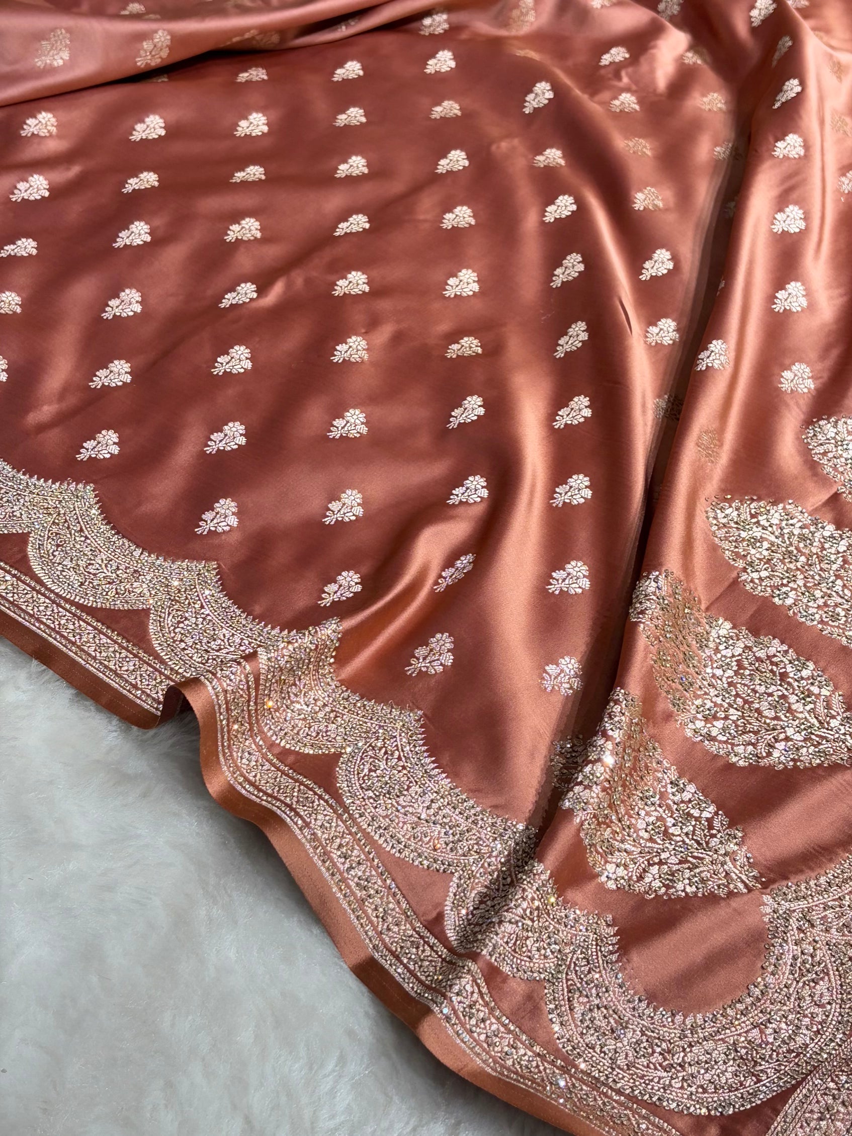 Banarasi Dusty Peach Scallop Mashru Silk with White Stone Swarovski work BMS02