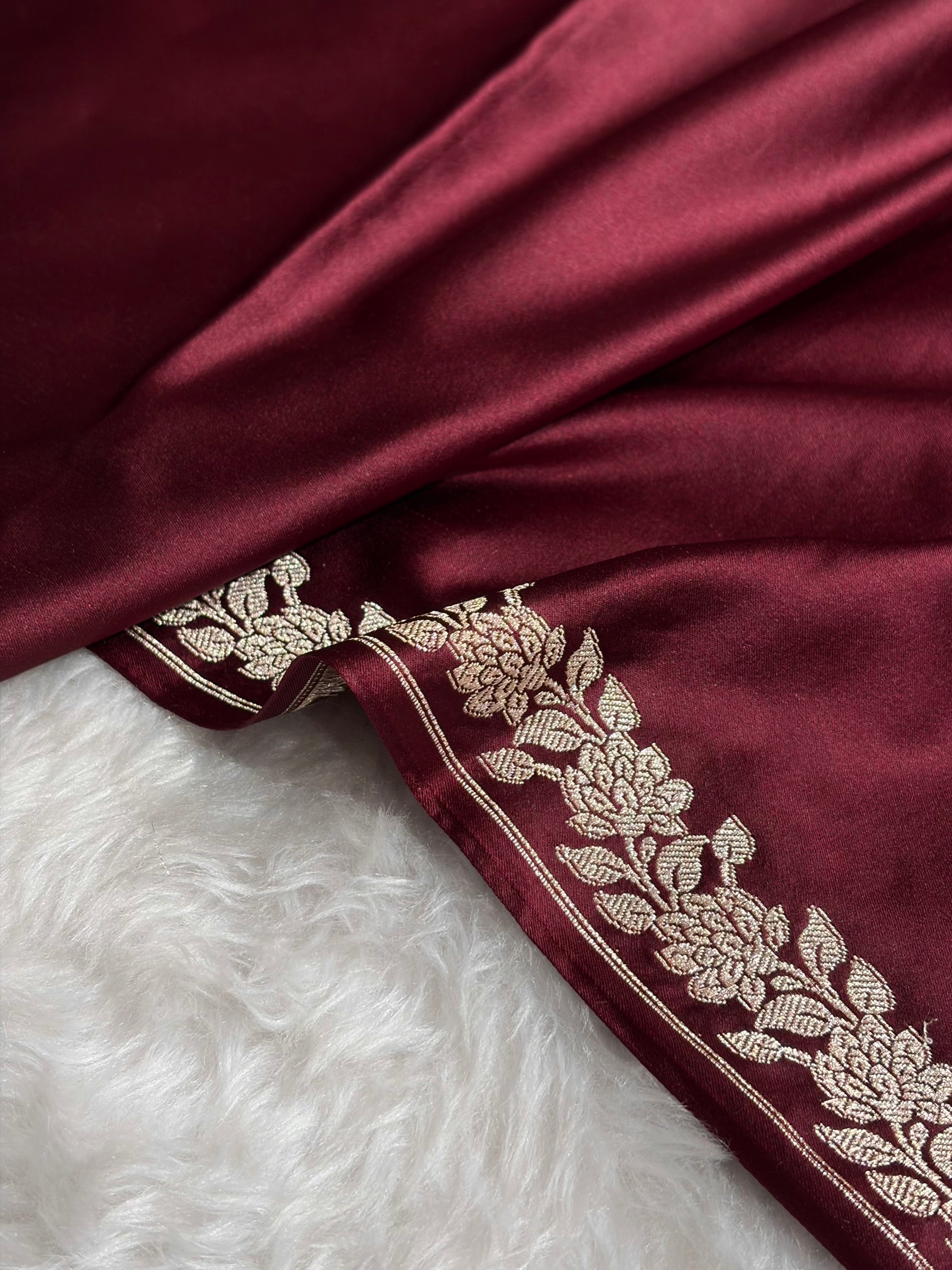 Banarasi Chocolate With Floral Border Plain Mashru Silk Saree MS80