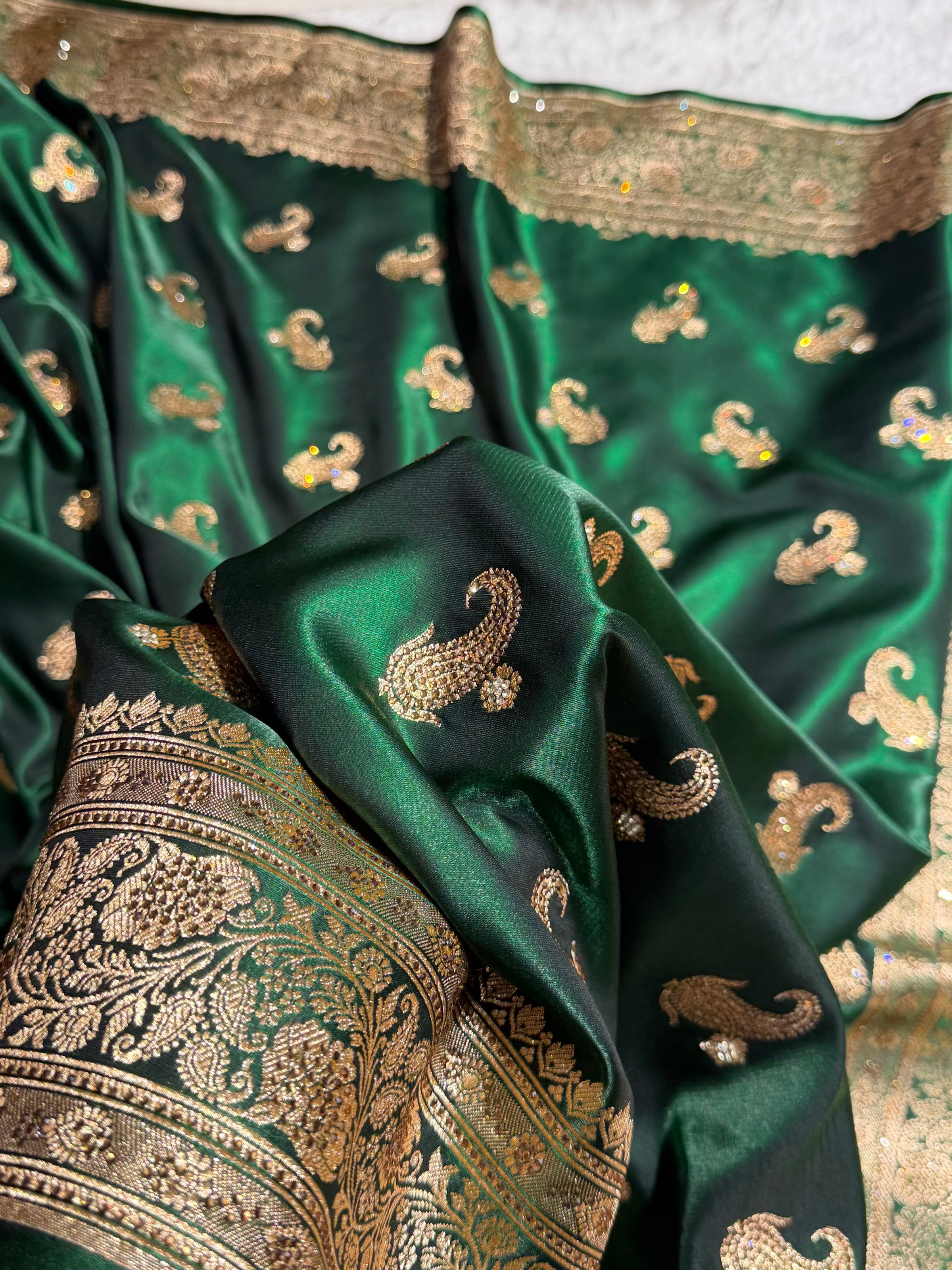 Satin Silk Saree Tredition Banarasi Swarovski Work Floral Boota in Bottle Green Shades BSS27
