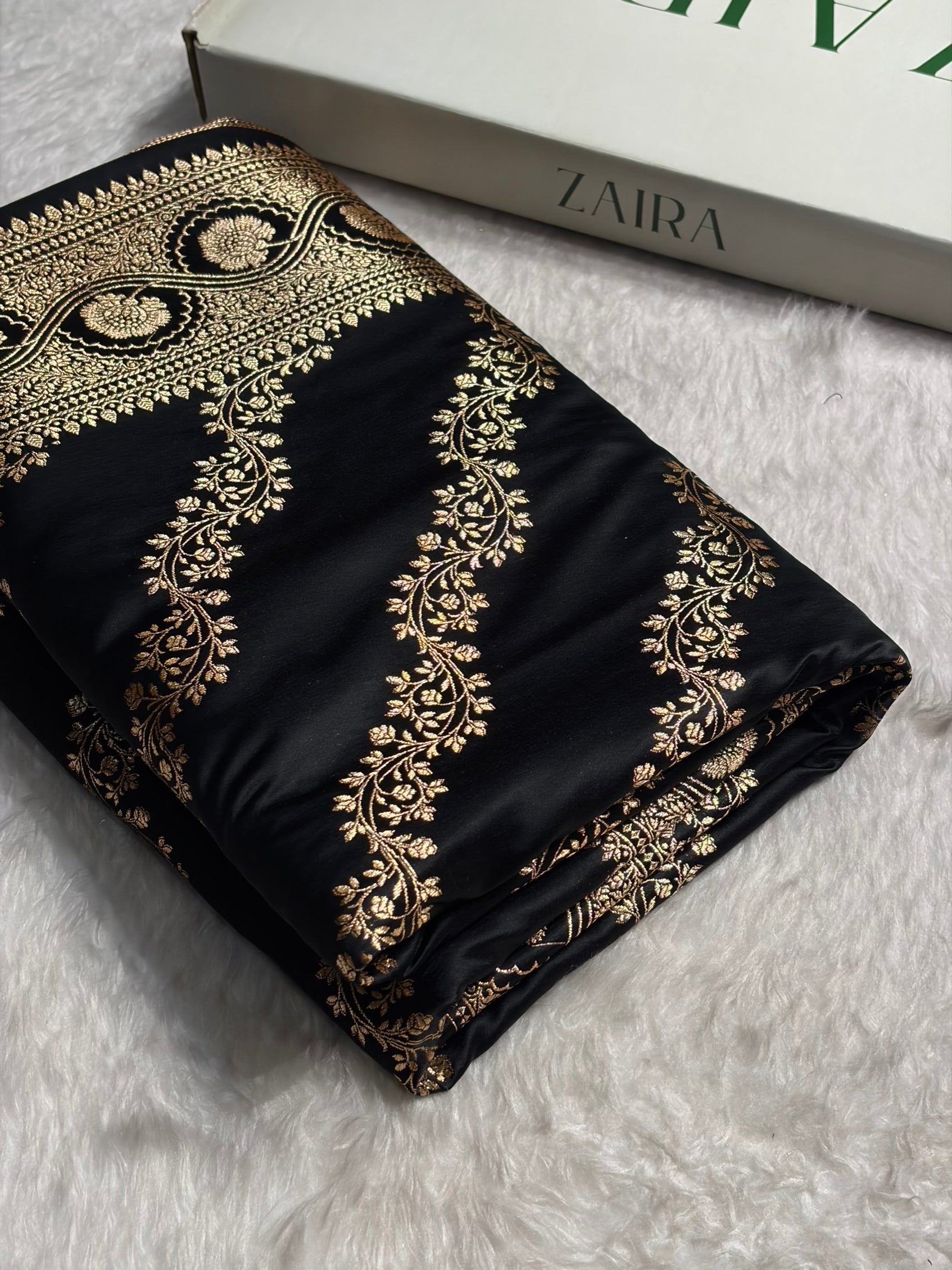 Black Floral Cross Pattern Satin Katan Silk Saree SK74
