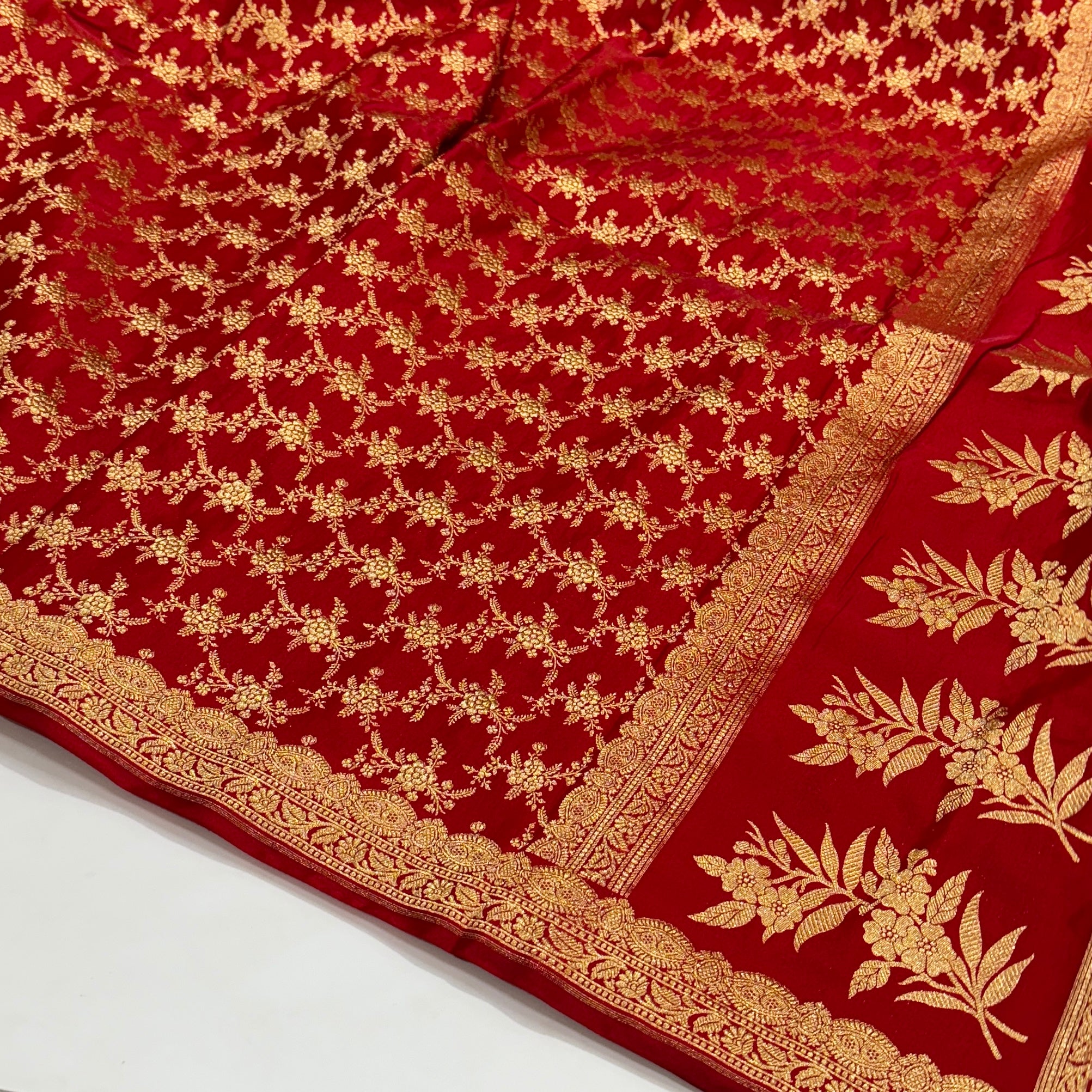 Light Wight Satin Silk Jaal in Red Shades with brocade Blouse SS16