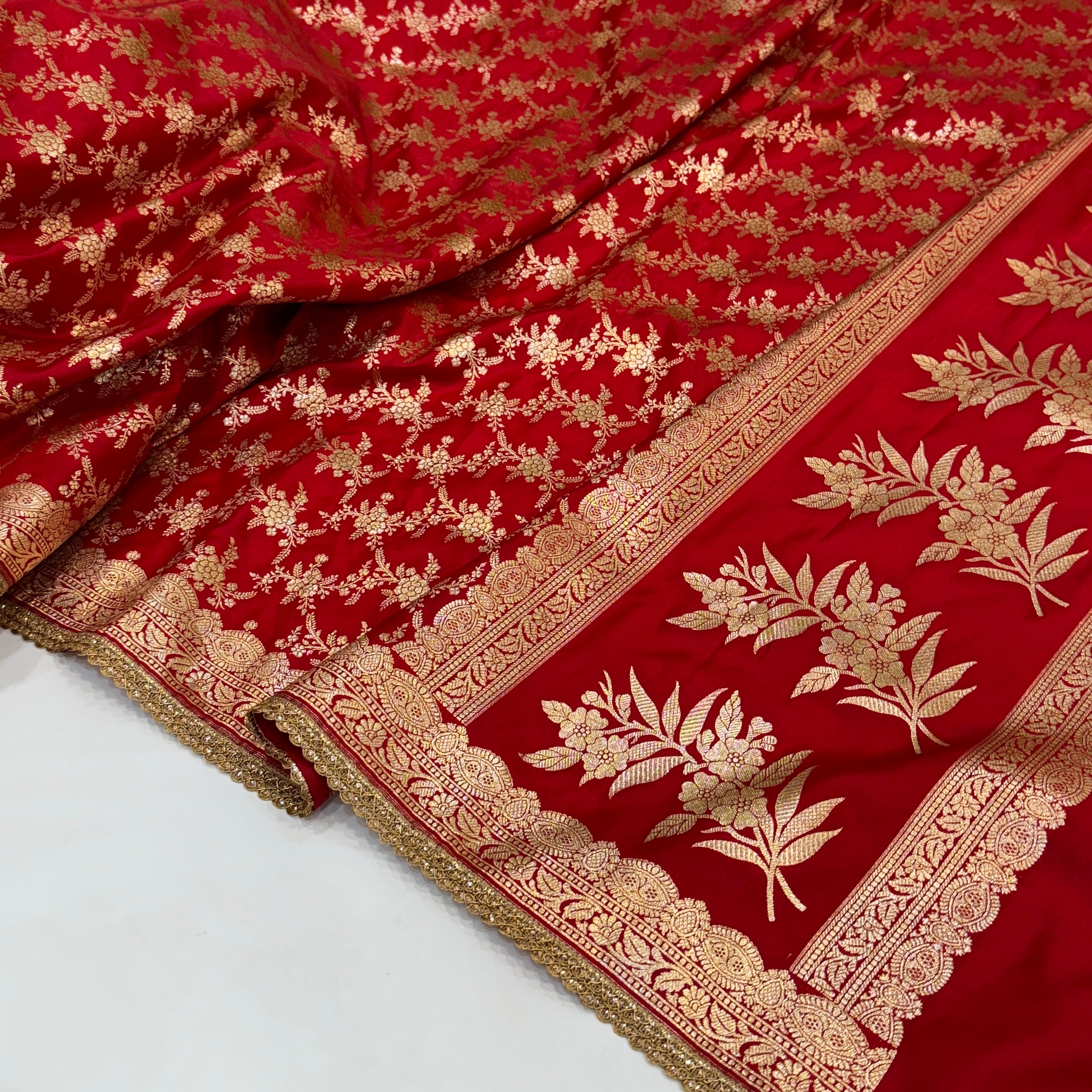 Bridal Red Satin Silk Jaal with brocade Blouse and GOTTA PATTI