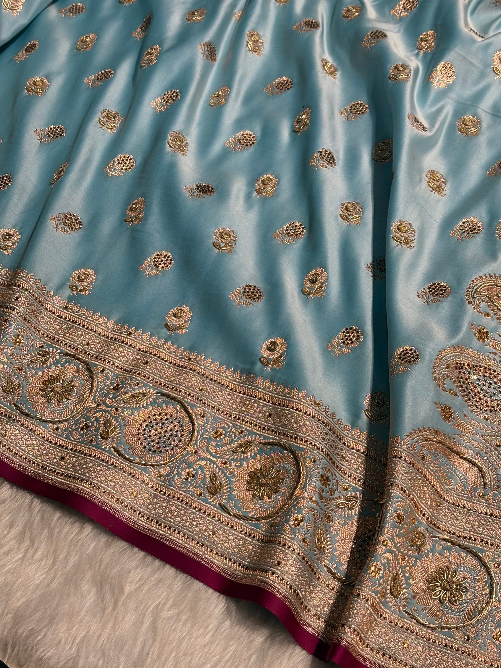 Sky Blue Shades Booti Katan Silk Saree with Stone & Zardozi Work BSK12