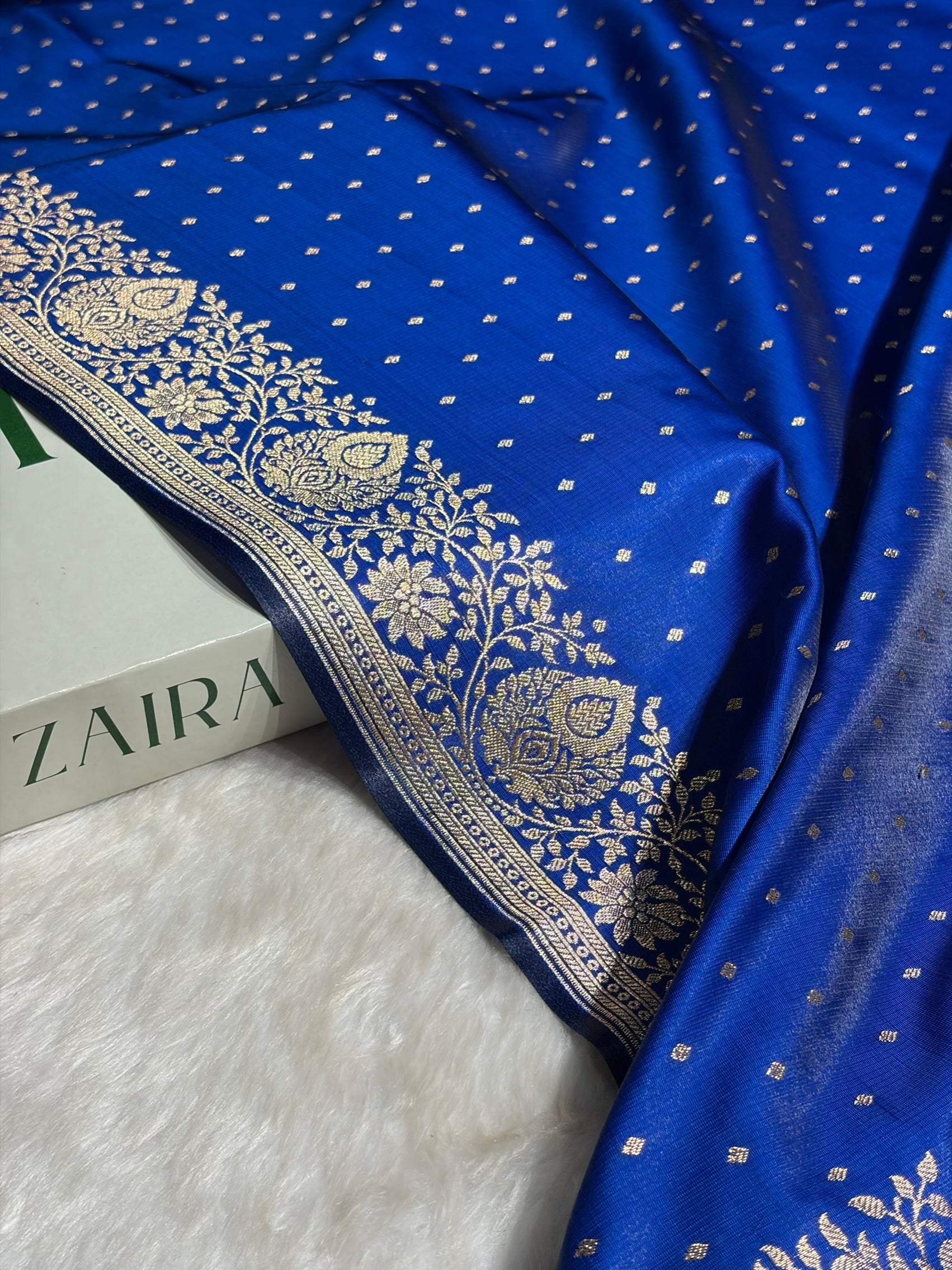 Ultra Light Weight Satin Silk Boota in Cross Royal Blue Shades SS31