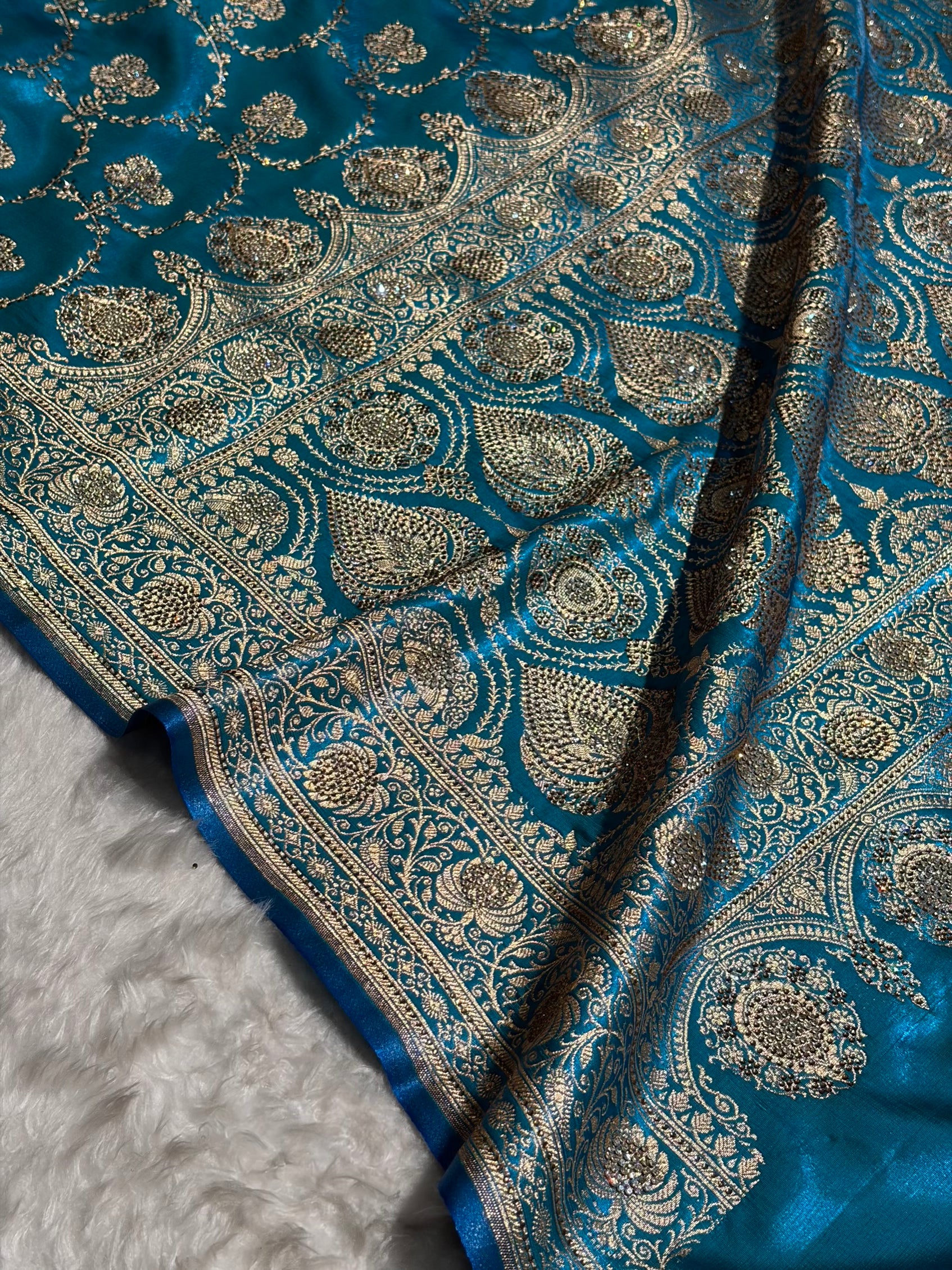Satin Silk Saree Banarasi Swarovski Work Jaal in Firozi Shades BSS23 (R)
