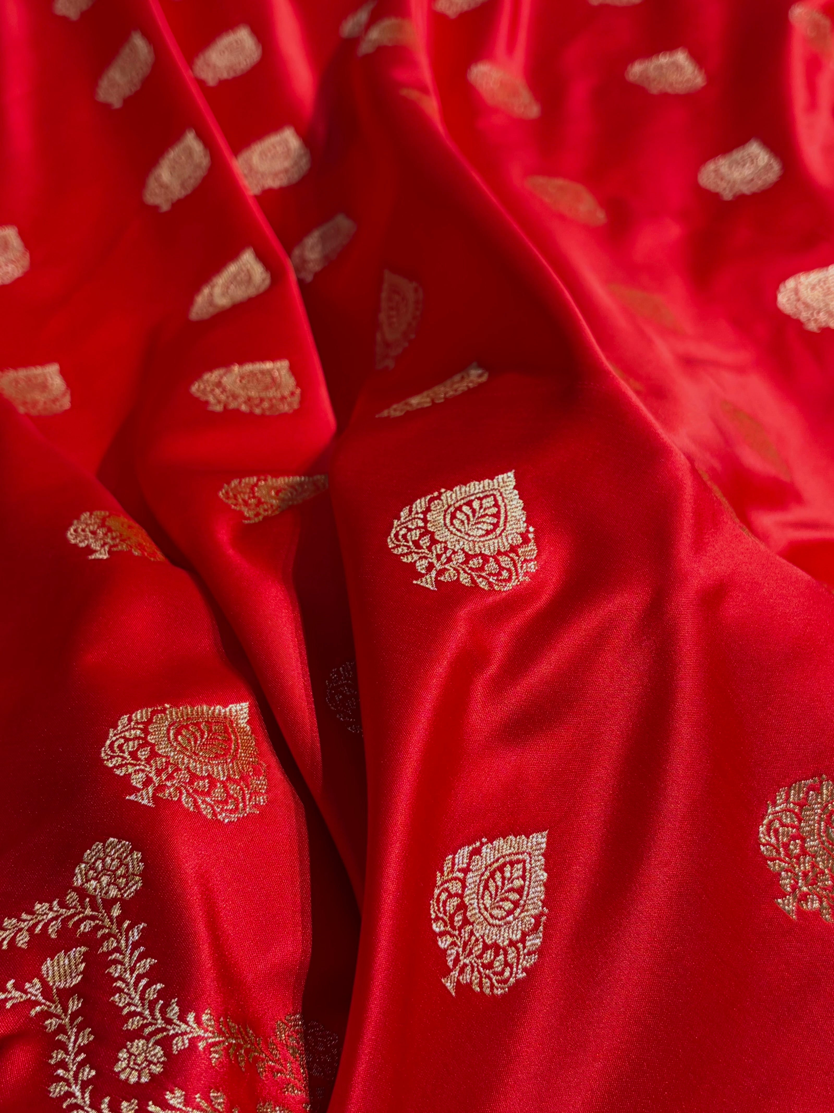 Banarasi Satin Katan Saree Floral Boota Pattern in Red Shades SK145