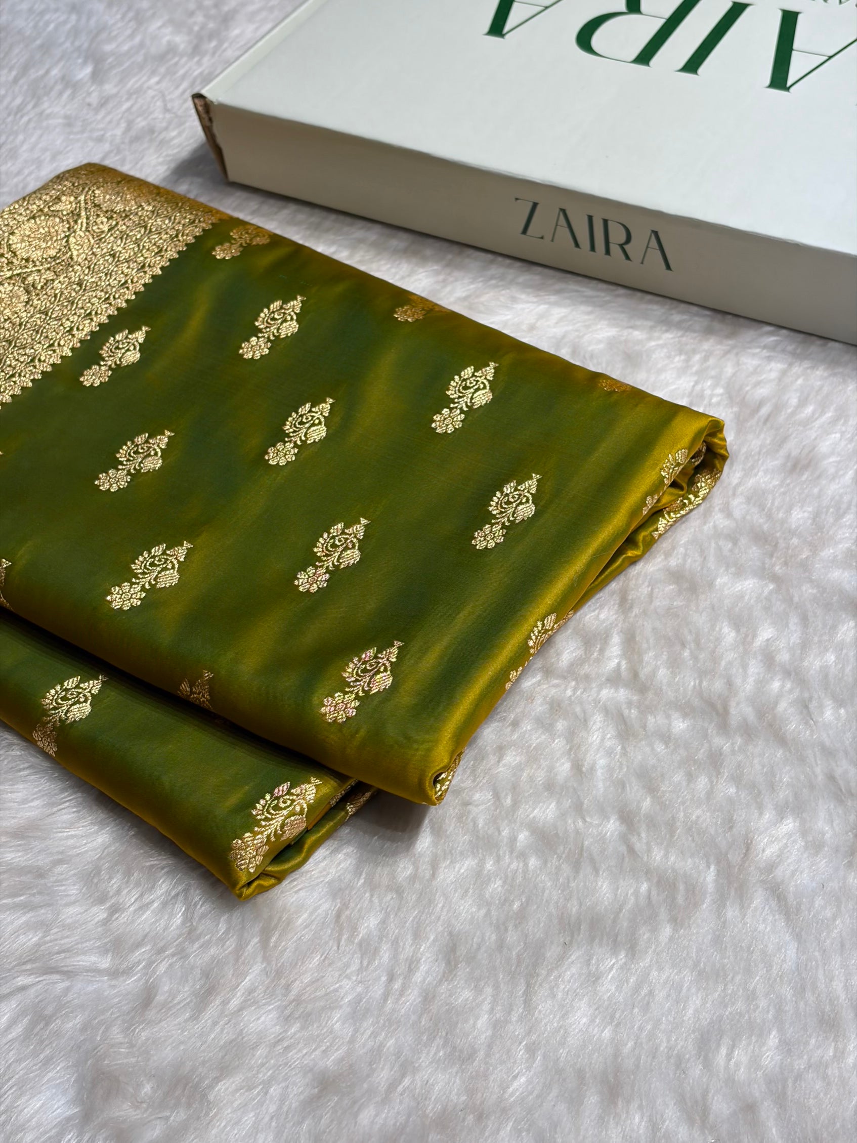 Liril Green Unique Boota Pattern Satin Katan Silk Saree SK68