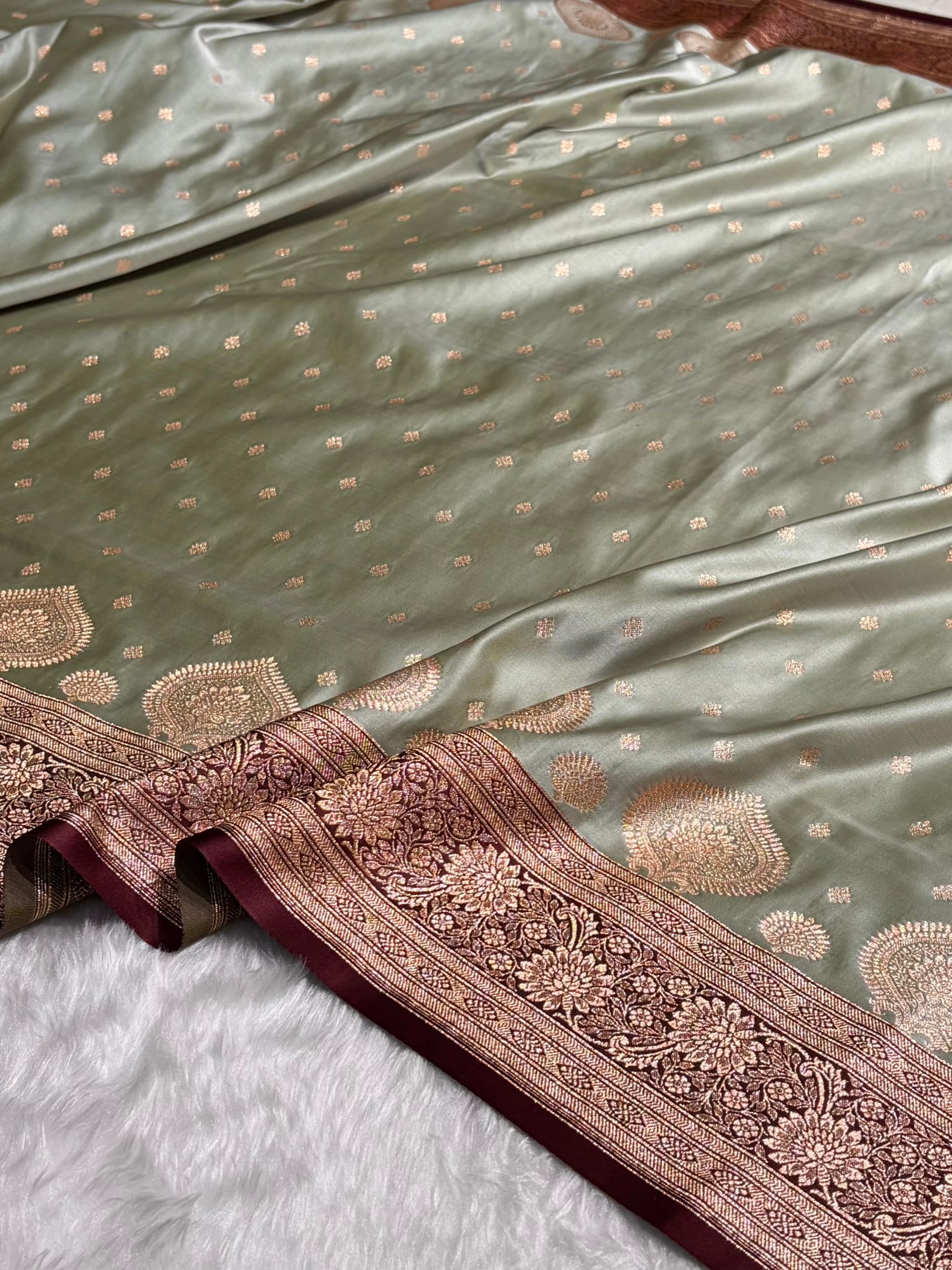 Pista with Chocolate Booti Satin Katan Silk saree SK29