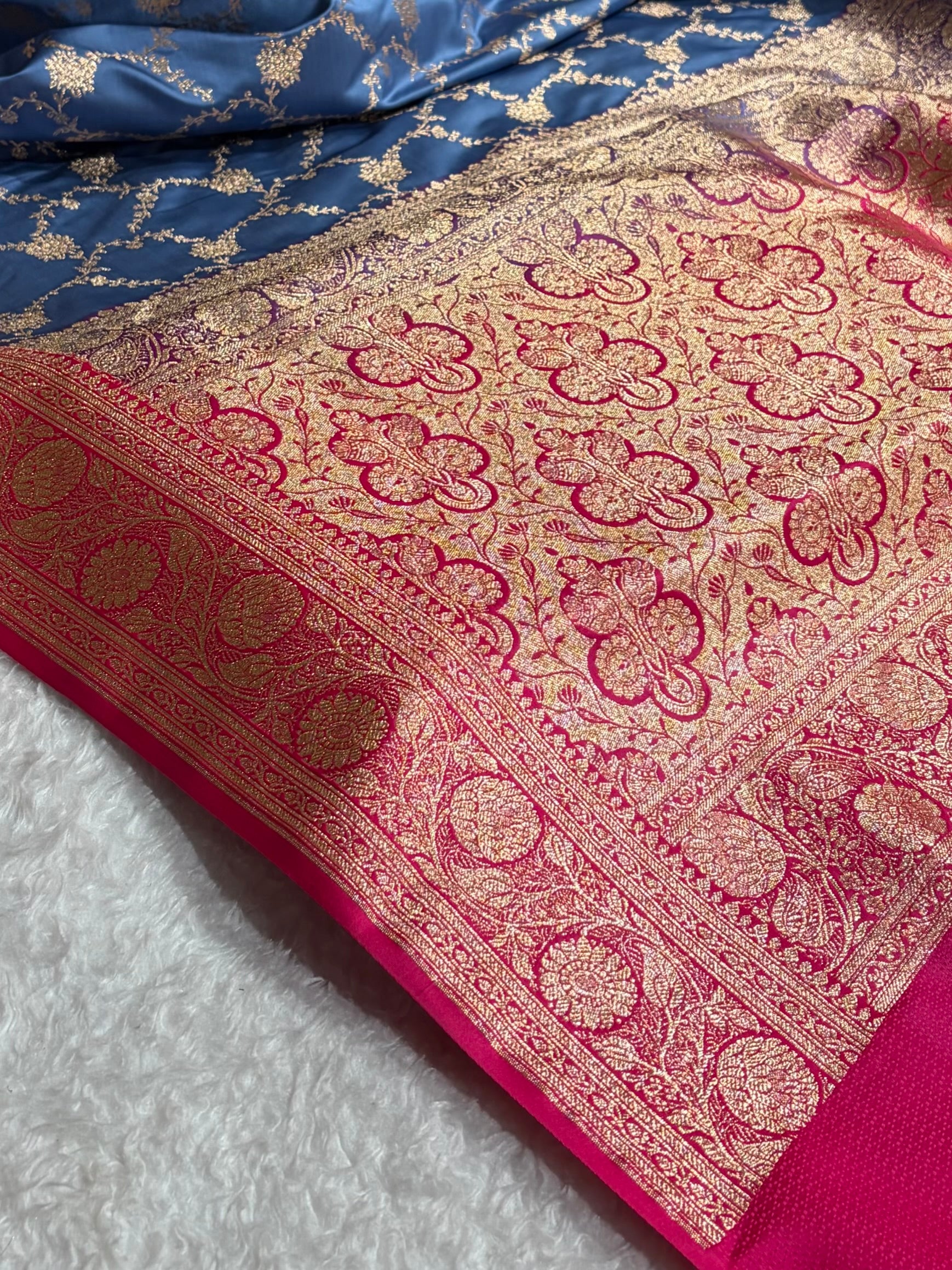 Banarasi Contrast Satin Katan Saree With Jaal Pattern in Grey With Rani Shades SK124