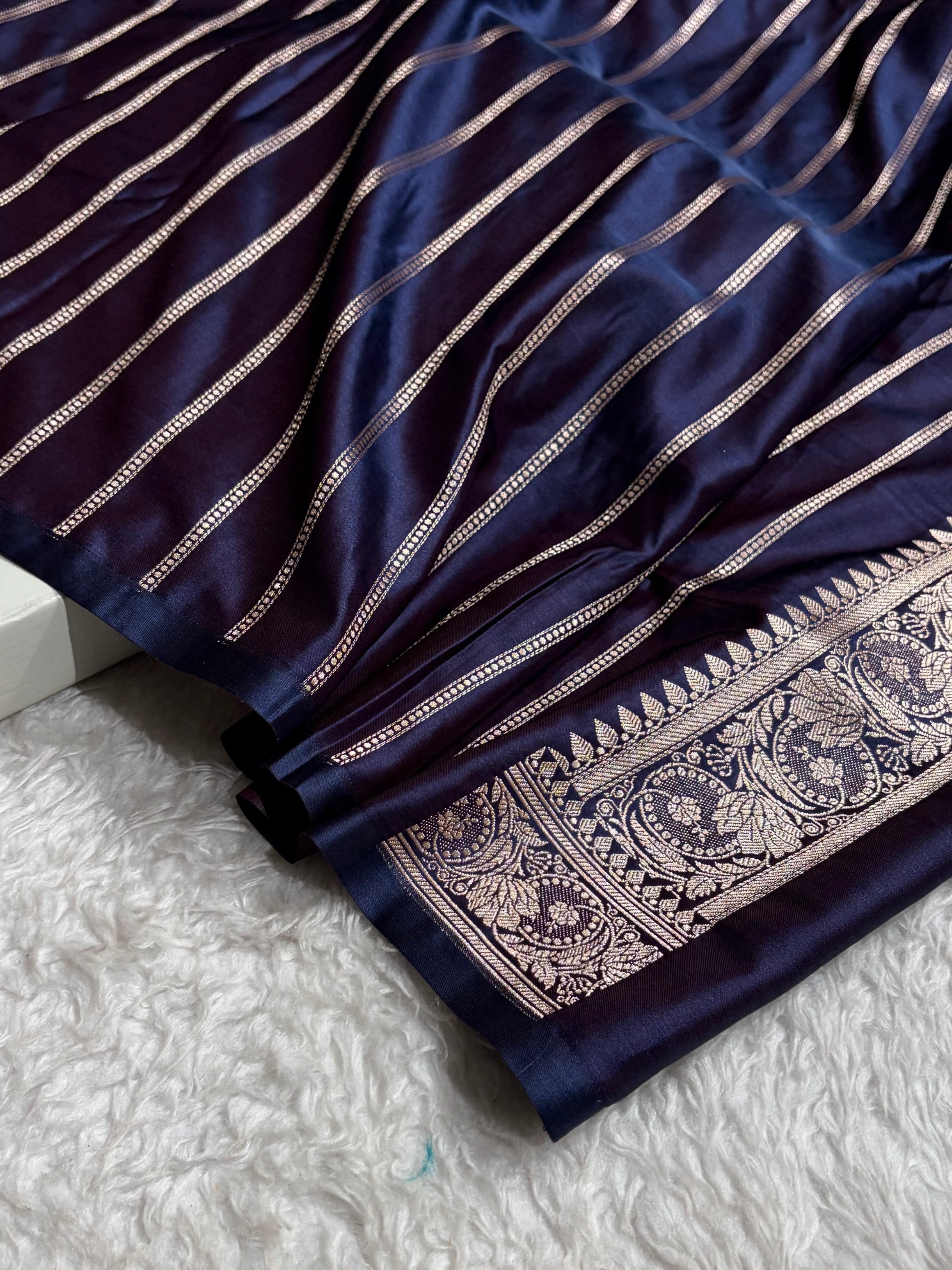 Cross Navy Boota With Floral Border Mashru Silk Saree MSM-97