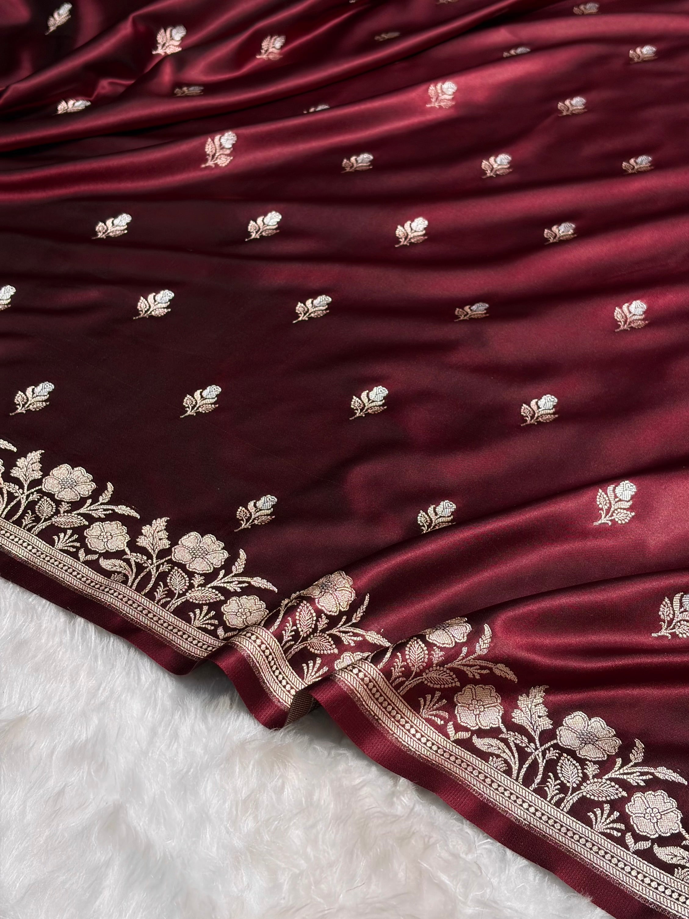 Garnet Boota With Floral Border Mashru Silk Saree MSM-85